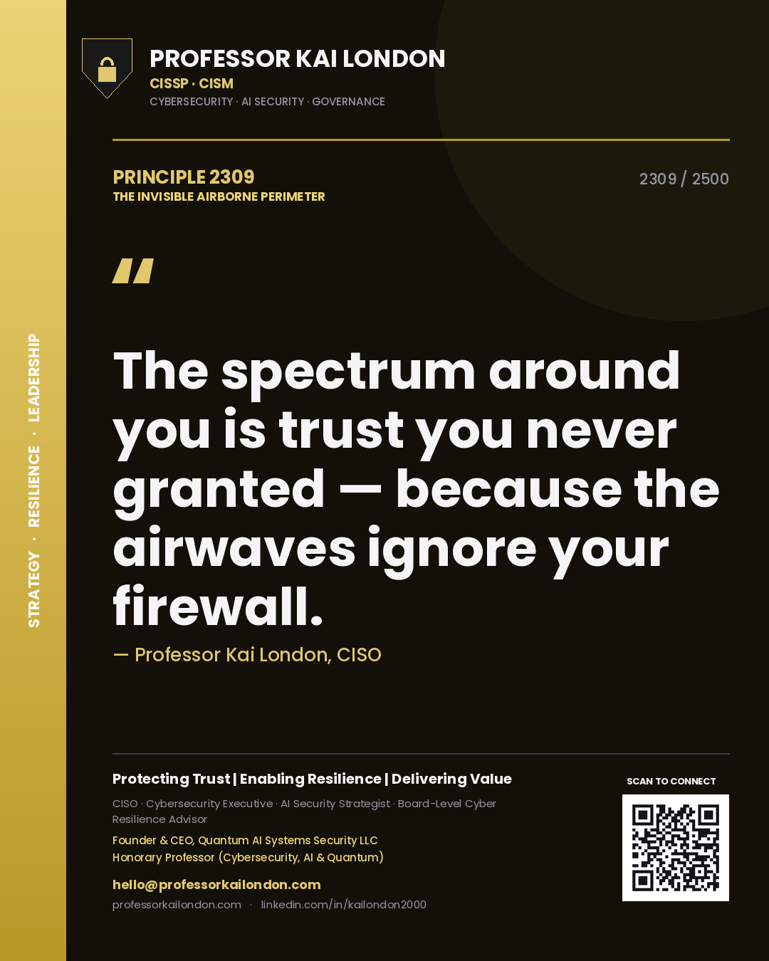 Quote card by Professor Kai London reading 'The spectrum around you is trust you never granted — because the airwaves ignore your firewall.'. From the book The Invisible Airborne Perimeter.