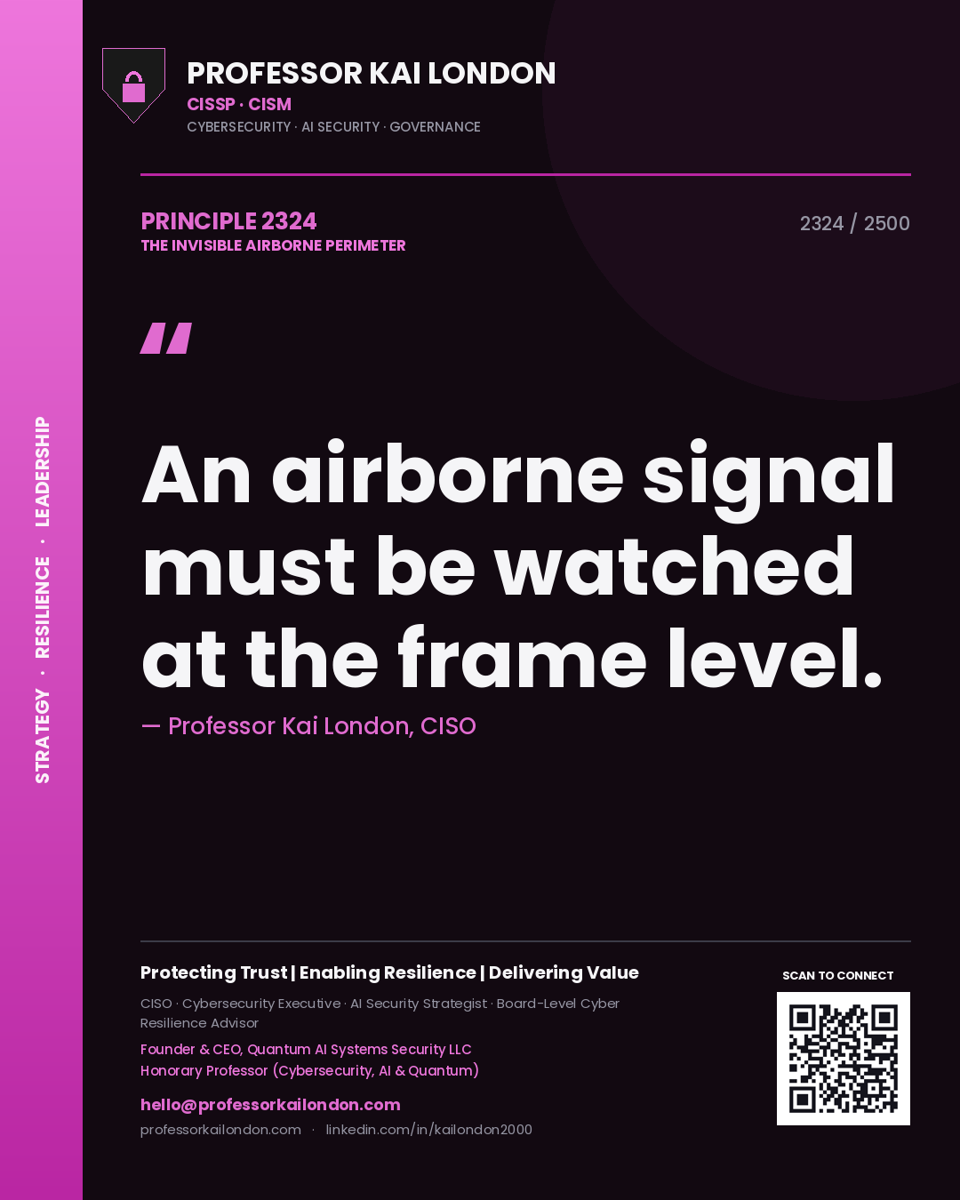 Quote card by Professor Kai London reading 'An airborne signal must be watched at the frame level.'. From the book The Invisible Airborne Perimeter.
