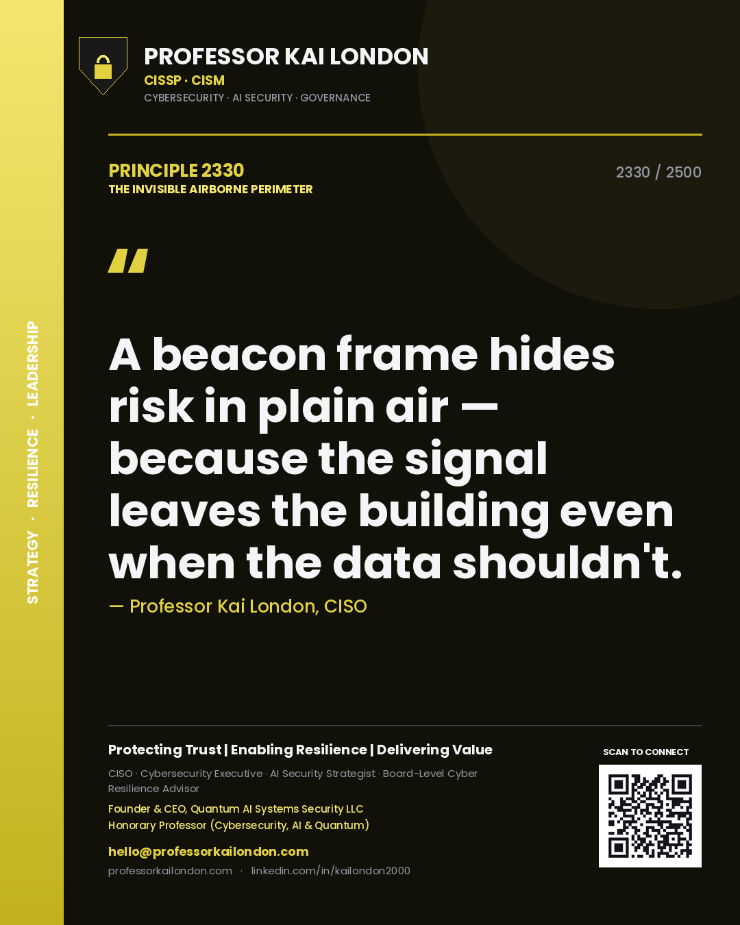 Professor Kai London principle 2330: A beacon frame hides risk in plain air — because the signal leaves the building even when the data shouldn't.