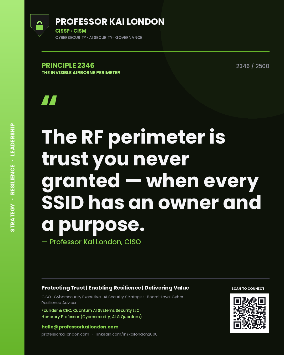 Professor Kai London principle 2346: The RF perimeter is trust you never granted — when every SSID has an owner and a purpose.