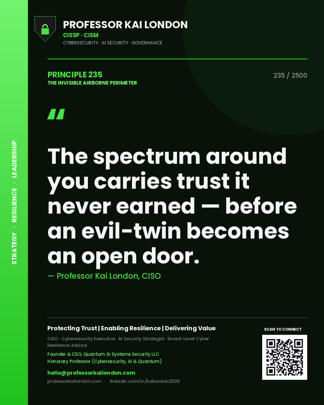 Quote card by Professor Kai London reading 'The spectrum around you carries trust it never earned — before an evil-twin becomes an open door.'. From the book The Invisible Airborne Perimeter.