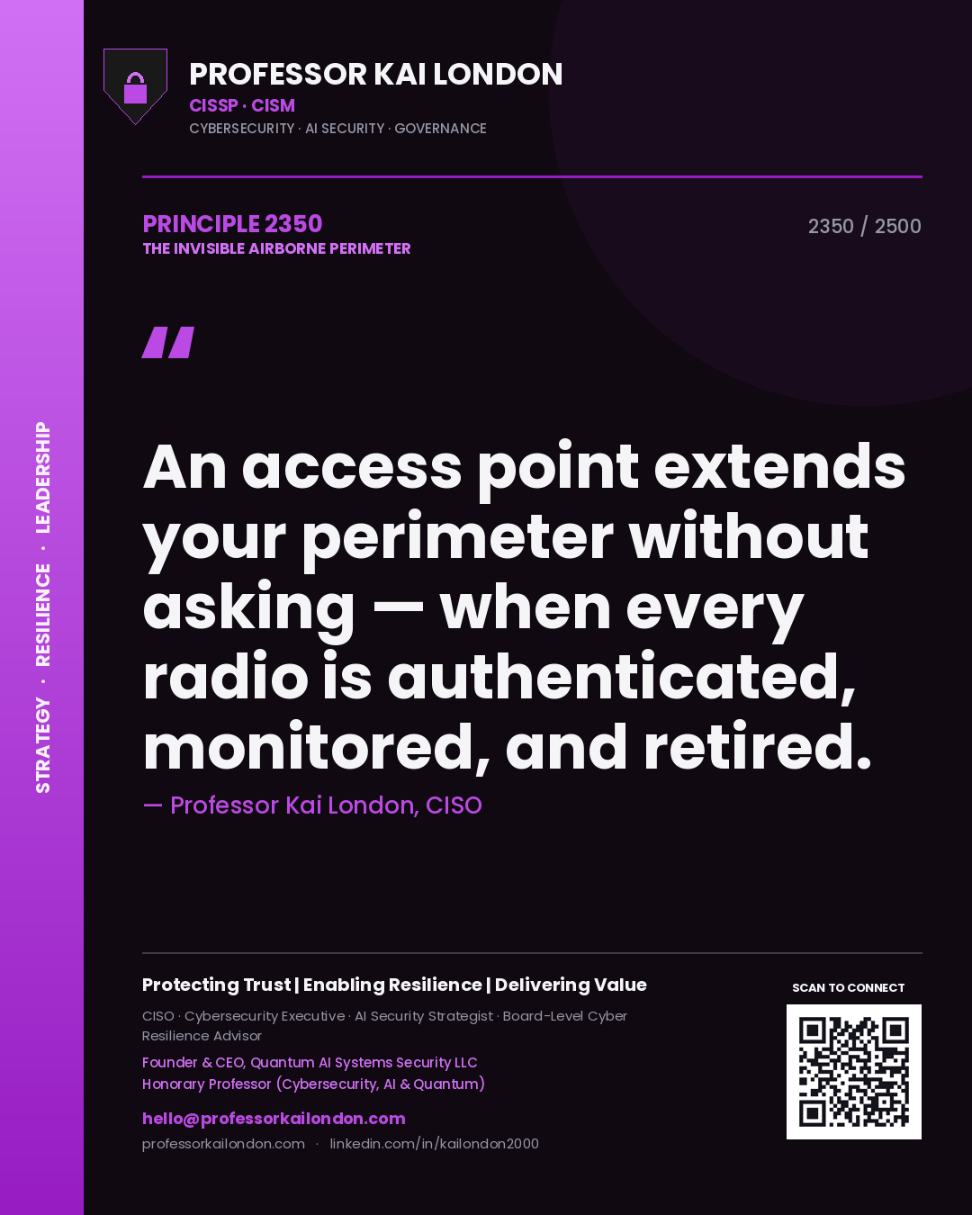 Professor Kai London principle 2350: An access point extends your perimeter without asking — when every radio is authenticated, monitored, and retired.