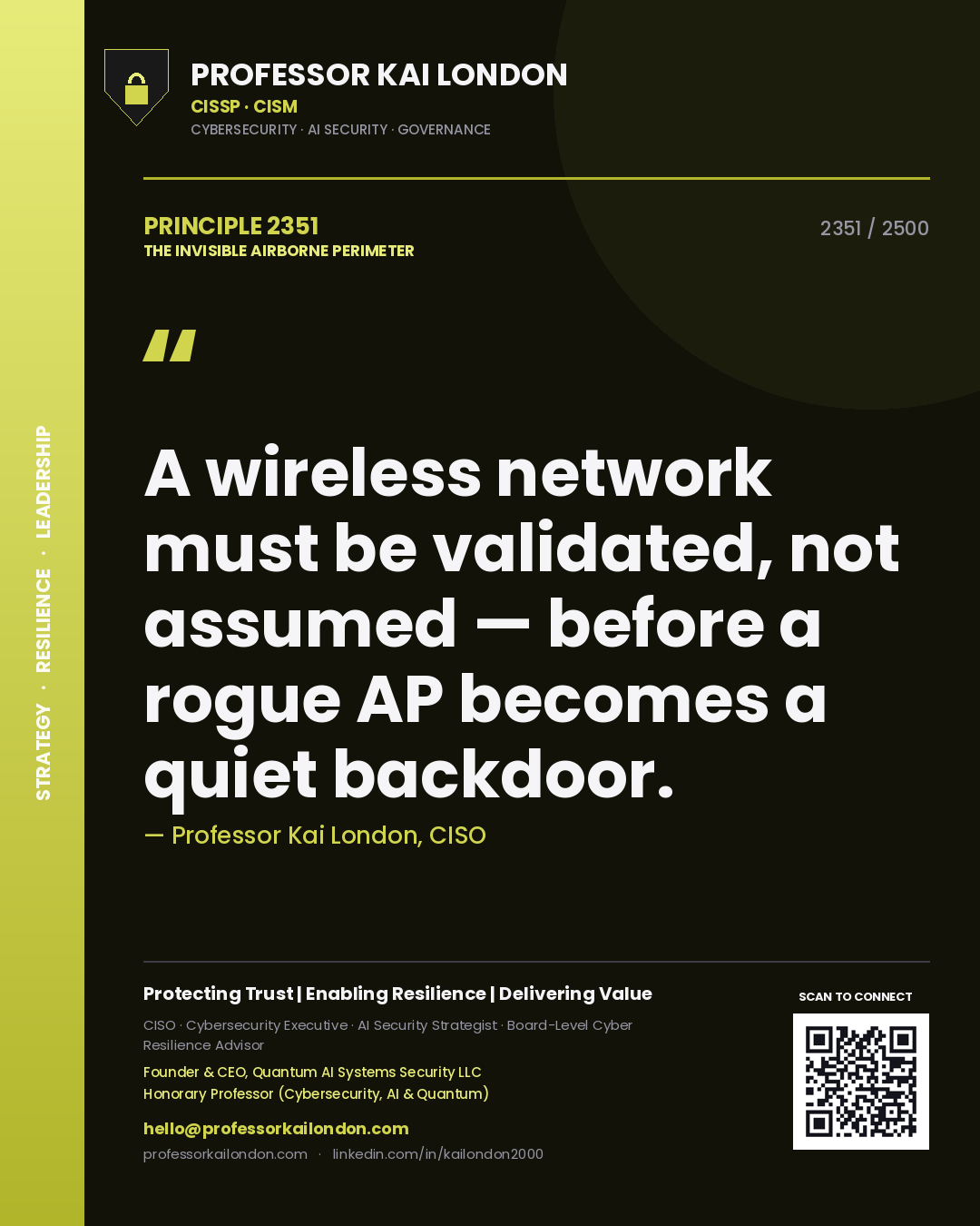 Quote card by Professor Kai London reading 'A wireless network must be validated, not assumed — before a rogue AP becomes a quiet backdoor.'. From the book The Invisible Airborne Perimeter.