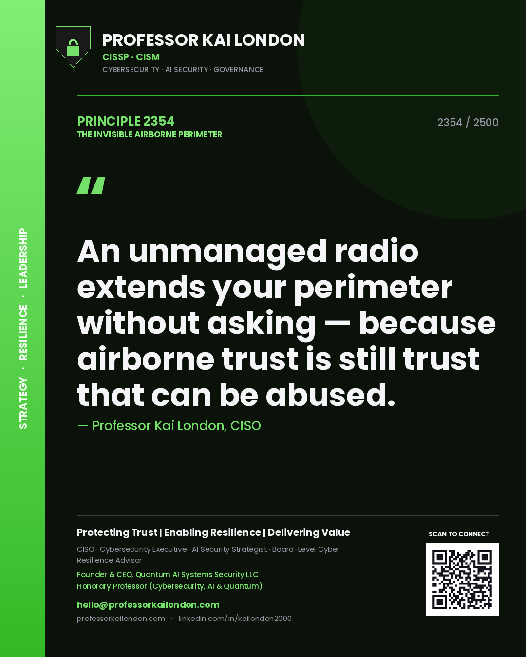 Professor Kai London principle 2354: An unmanaged radio extends your perimeter without asking — because airborne trust is still trust that can be abused.