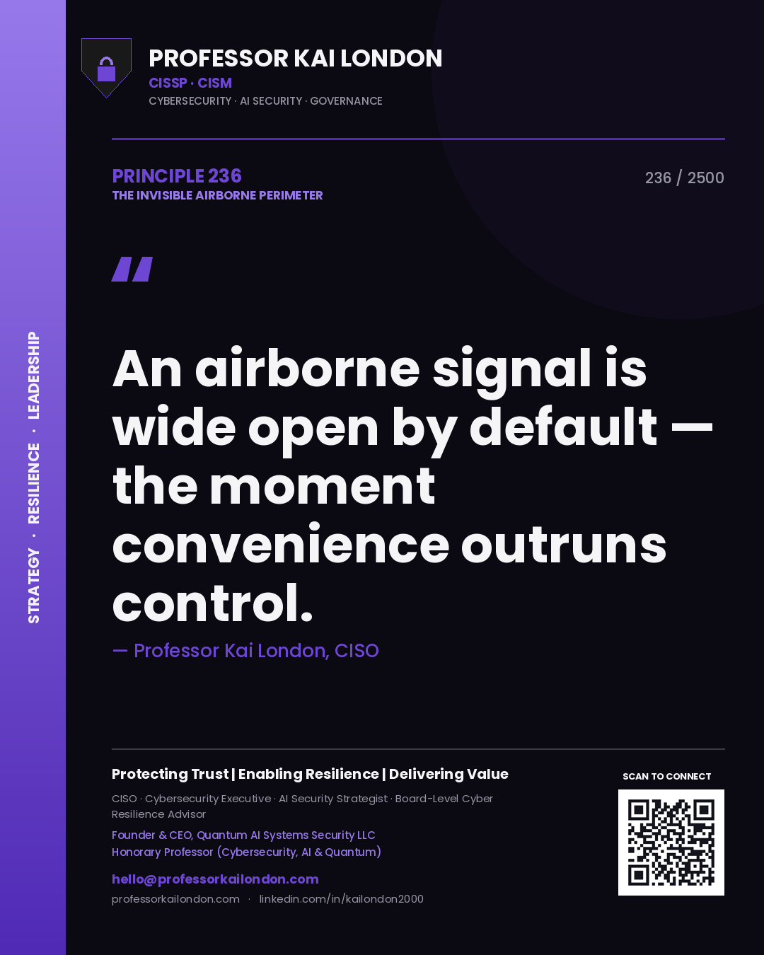 Quote card by Professor Kai London reading 'An airborne signal is wide open by default — the moment convenience outruns control.'. From the book The Invisible Airborne Perimeter.