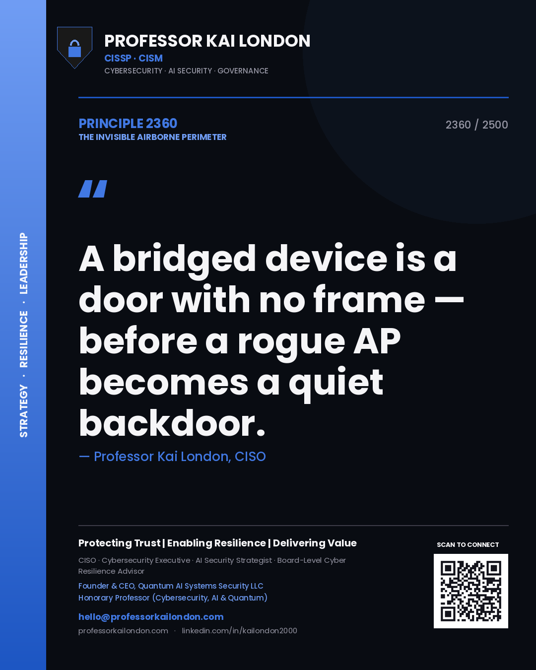 Professor Kai London principle 2360: A bridged device is a door with no frame — before a rogue AP becomes a quiet backdoor.