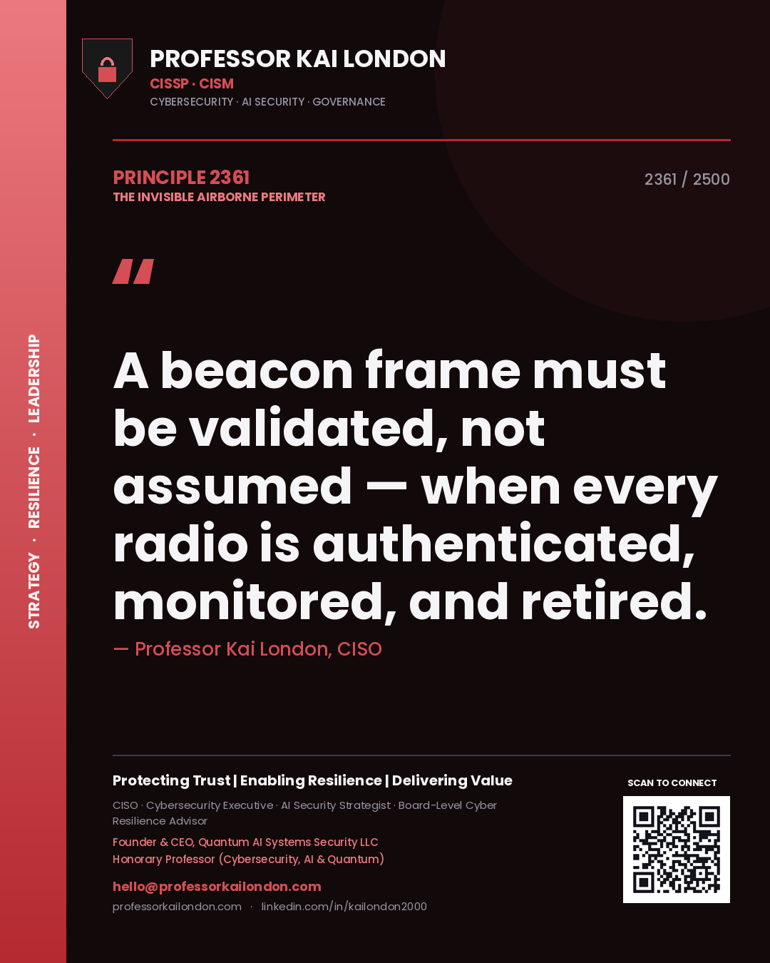 Quote card by Professor Kai London reading 'A beacon frame must be validated, not assumed — when every radio is authenticated, monitored, and retired.'. From the book The Invisible Airborne Perimeter.