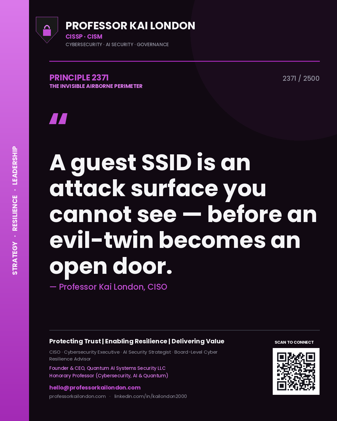 Quote card by Professor Kai London reading 'A guest SSID is an attack surface you cannot see — before an evil-twin becomes an open door.'. From the book The Invisible Airborne Perimeter.