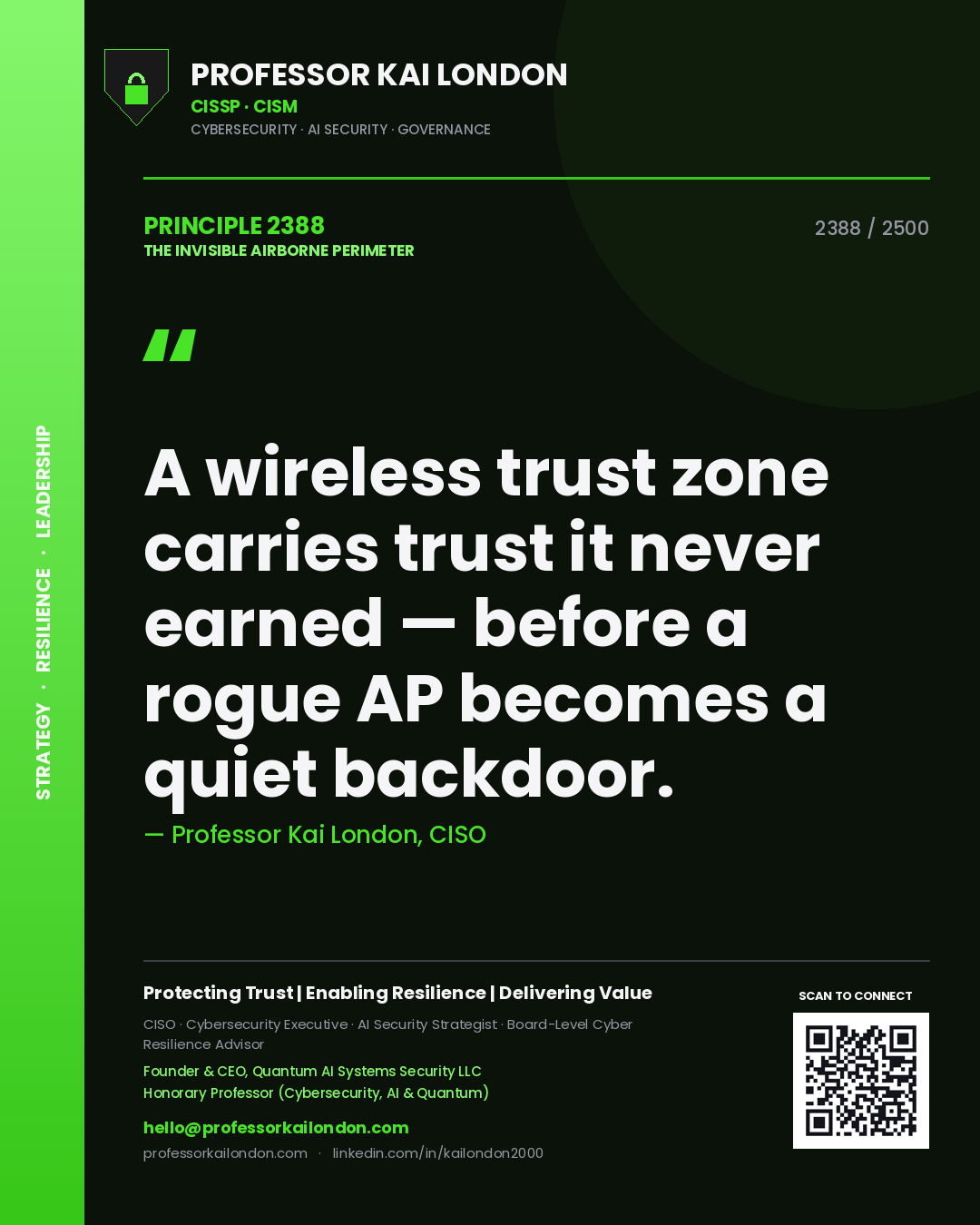 Quote card by Professor Kai London reading 'A wireless trust zone carries trust it never earned — before a rogue AP becomes a quiet backdoor.'. From the book The Invisible Airborne Perimeter.