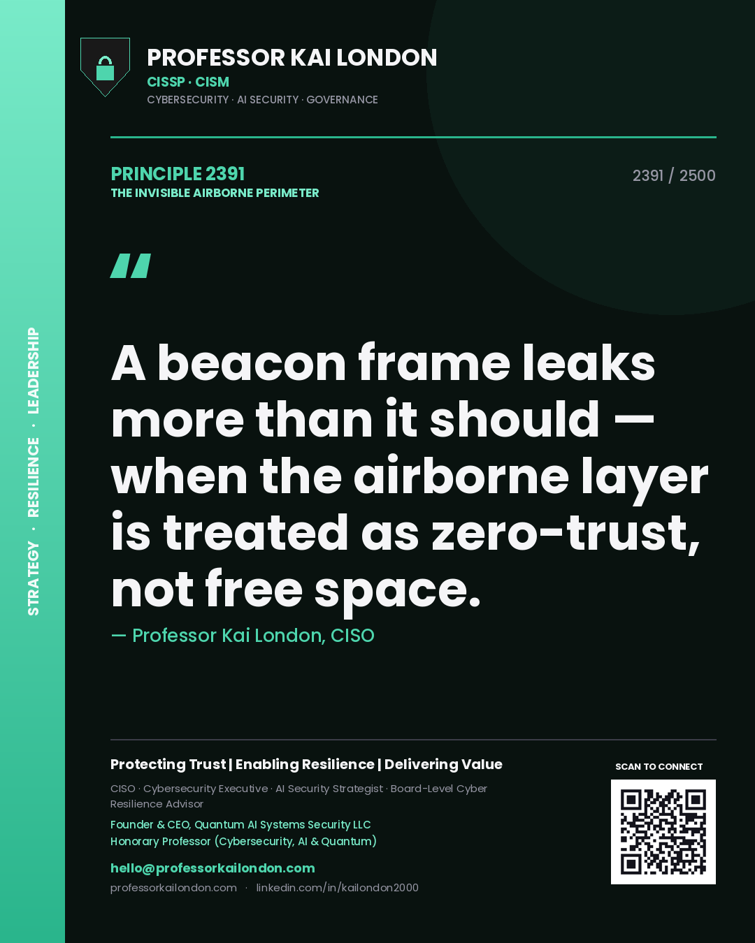 Quote card by Professor Kai London reading 'A beacon frame leaks more than it should — when the airborne layer is treated as zero-trust, not free space.'. From the book The Invisible Airborne Perimeter.