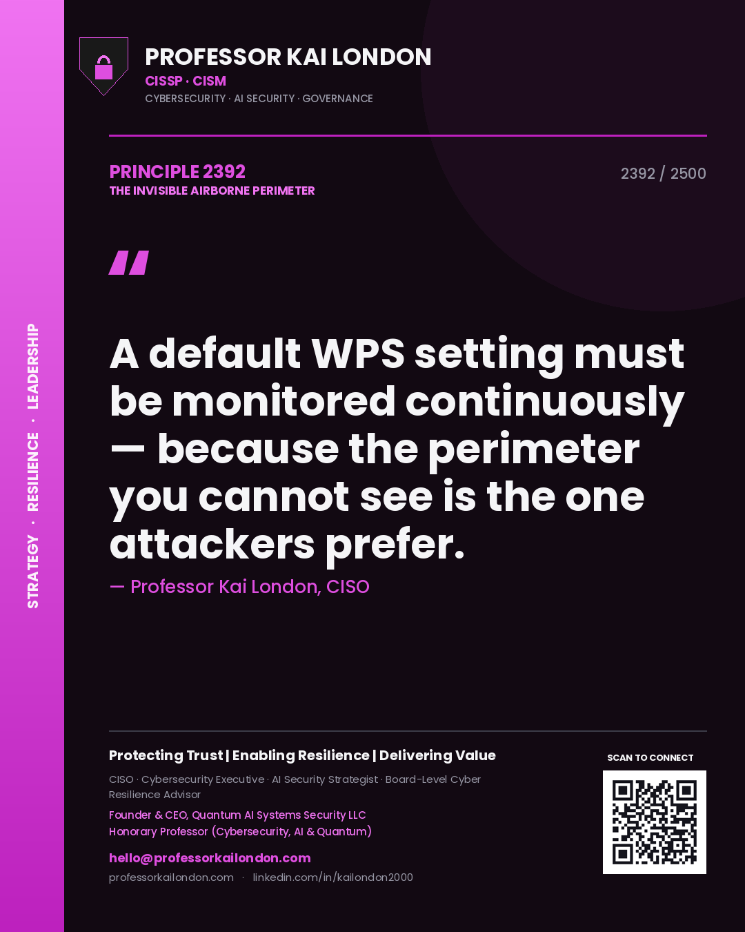 Professor Kai London principle 2392: A default WPS setting must be monitored continuously — because the perimeter you cannot see is the one attackers prefer.