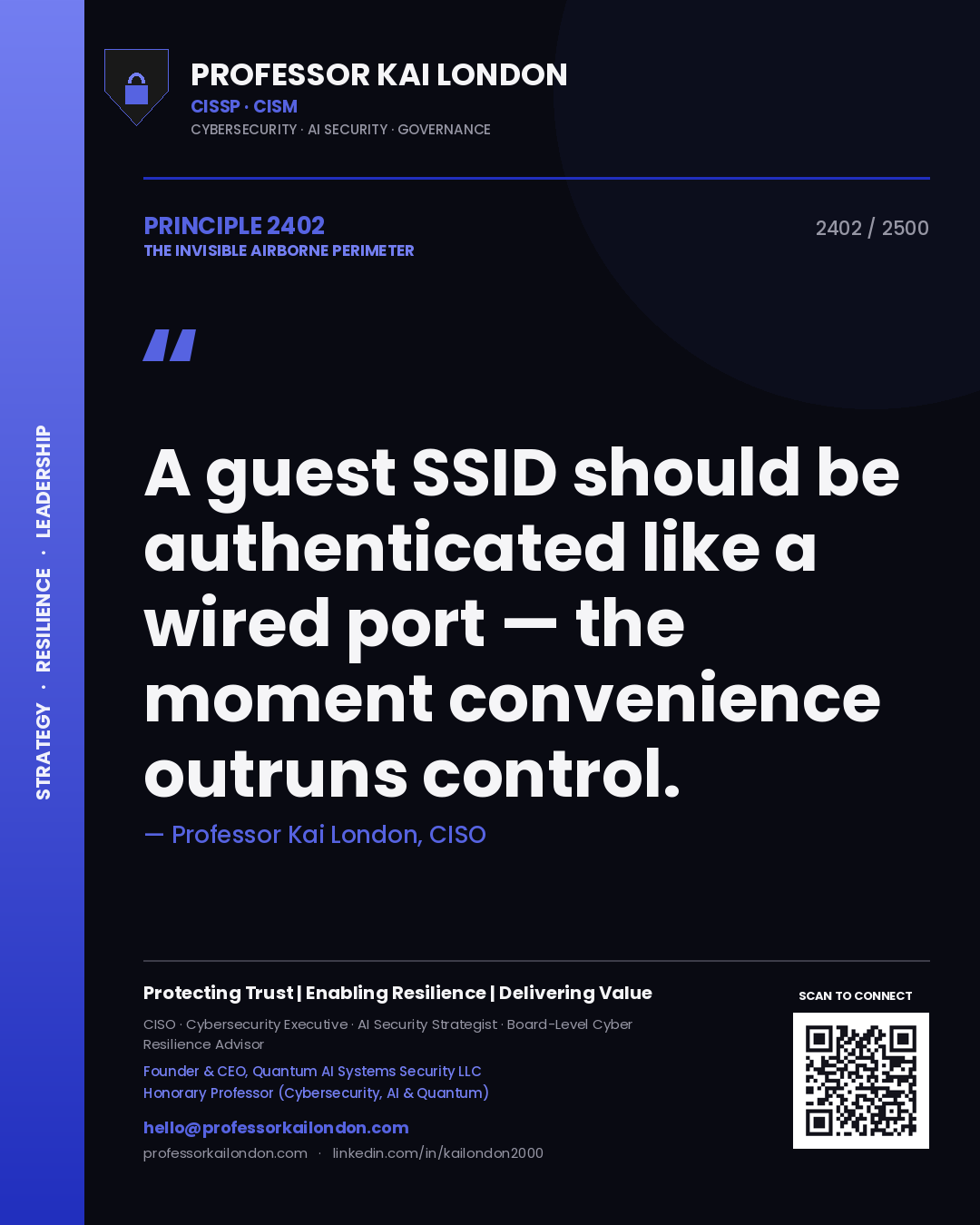 Quote card by Professor Kai London reading 'A guest SSID should be authenticated like a wired port — the moment convenience outruns control.'. From the book The Invisible Airborne Perimeter.