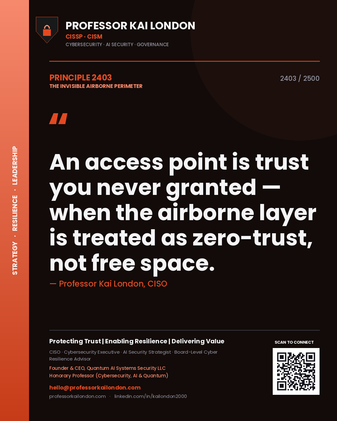 Professor Kai London principle 2403: An access point is trust you never granted — when the airborne layer is treated as zero-trust, not free space.
