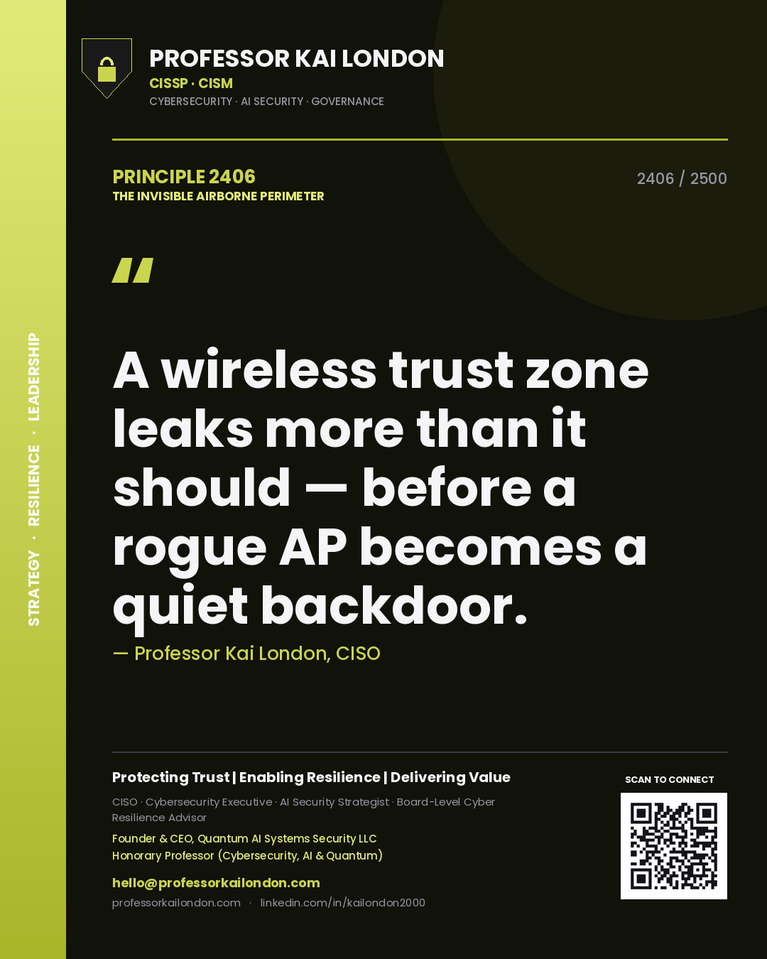 Professor Kai London principle 2406: A wireless trust zone leaks more than it should — before a rogue AP becomes a quiet backdoor.