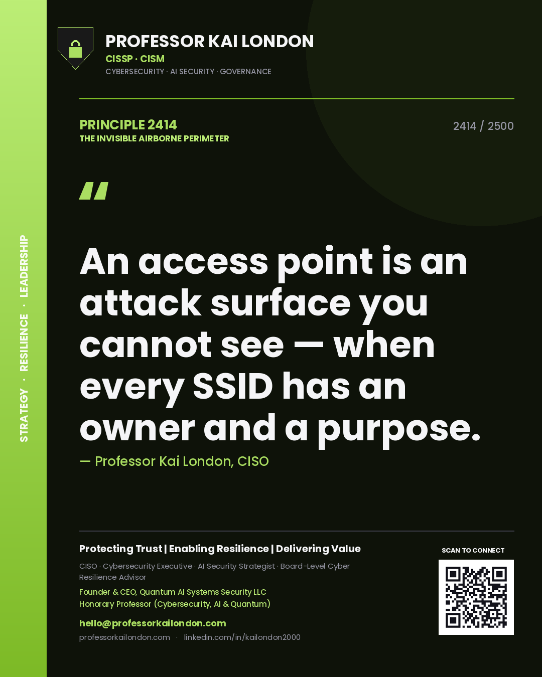 Quote card by Professor Kai London reading 'An access point is an attack surface you cannot see — when every SSID has an owner and a purpose.'. From the book The Invisible Airborne Perimeter.