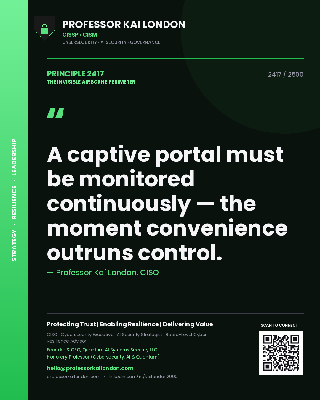 Quote card by Professor Kai London reading 'A captive portal must be monitored continuously — the moment convenience outruns control.'. From the book The Invisible Airborne Perimeter.