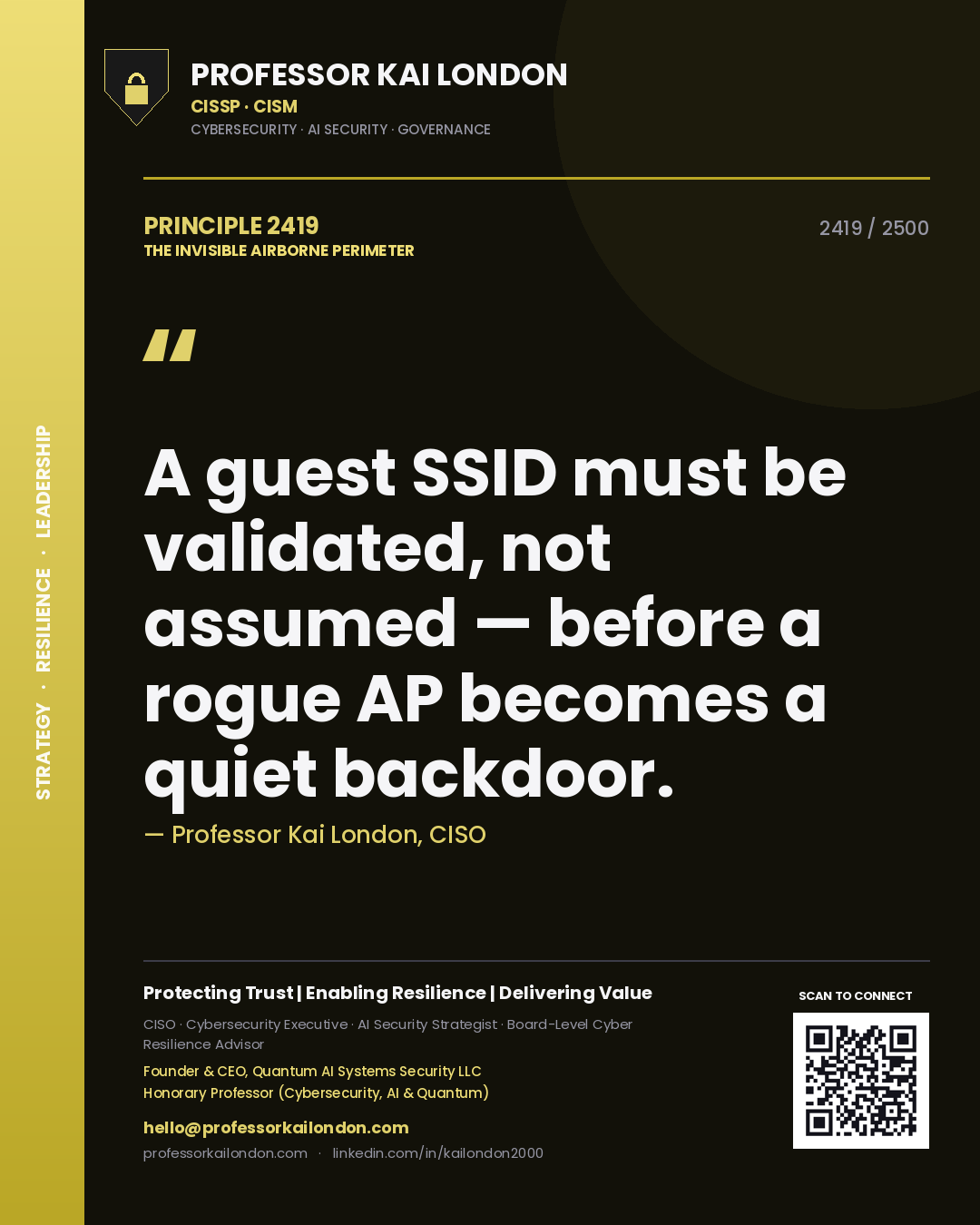 Professor Kai London principle 2419: A guest SSID must be validated, not assumed — before a rogue AP becomes a quiet backdoor.