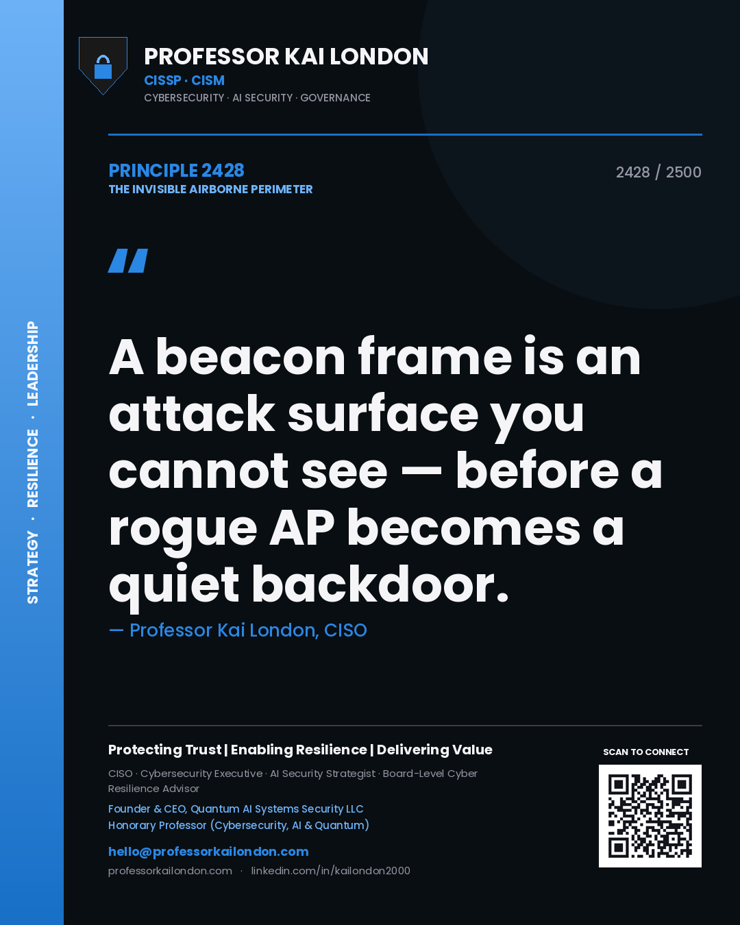 Professor Kai London principle 2428: A beacon frame is an attack surface you cannot see — before a rogue AP becomes a quiet backdoor.