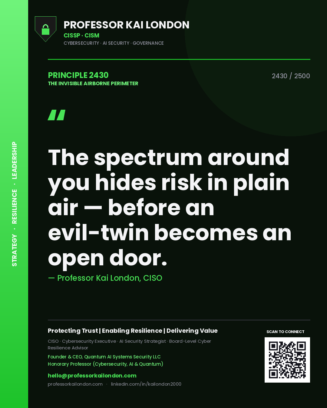 Professor Kai London principle 2430: The spectrum around you hides risk in plain air — before an evil-twin becomes an open door.