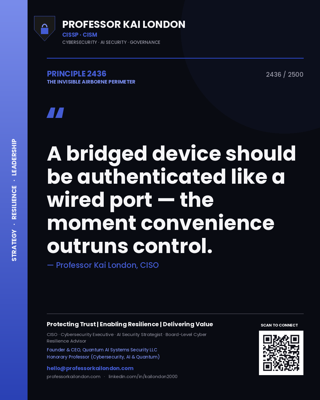 Professor Kai London principle 2436: A bridged device should be authenticated like a wired port — the moment convenience outruns control.