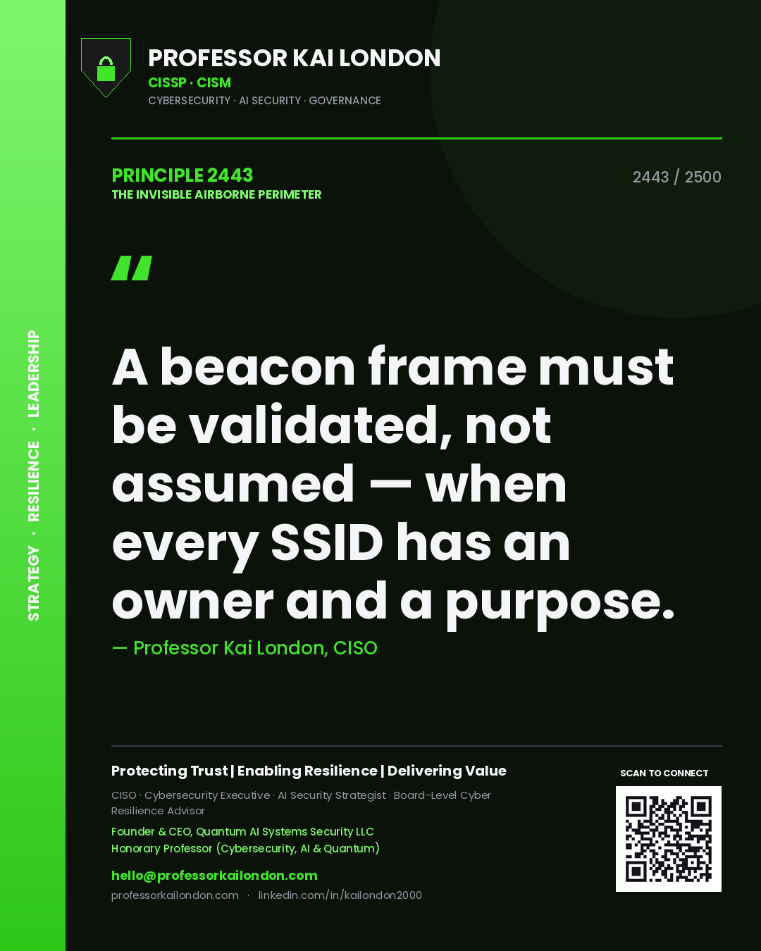 Professor Kai London principle 2443: A beacon frame must be validated, not assumed — when every SSID has an owner and a purpose.
