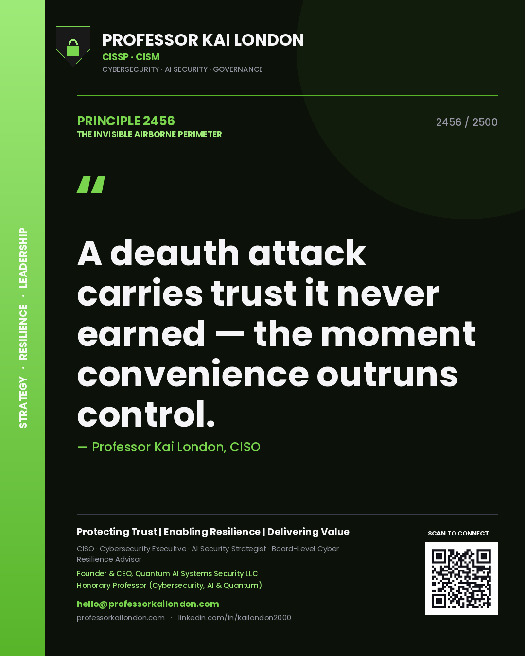 Professor Kai London principle 2456: A deauth attack carries trust it never earned — the moment convenience outruns control.