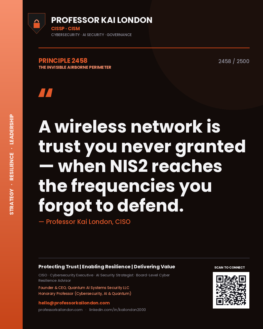 Quote card by Professor Kai London reading 'A wireless network is trust you never granted — when NIS2 reaches the frequencies you forgot to defend.'. From the book The Invisible Airborne Perimeter.