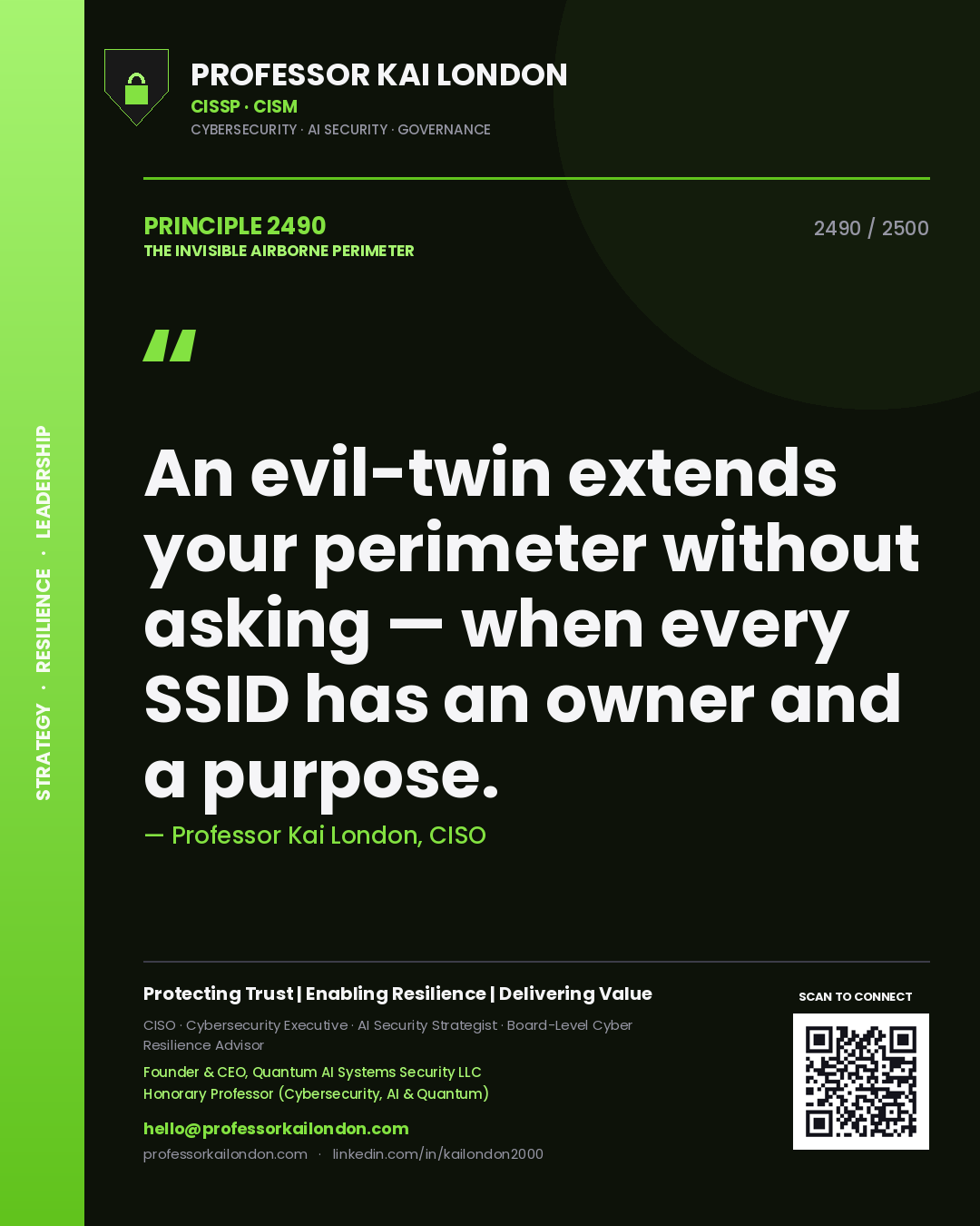 Professor Kai London principle 2490: An evil-twin extends your perimeter without asking — when every SSID has an owner and a purpose.