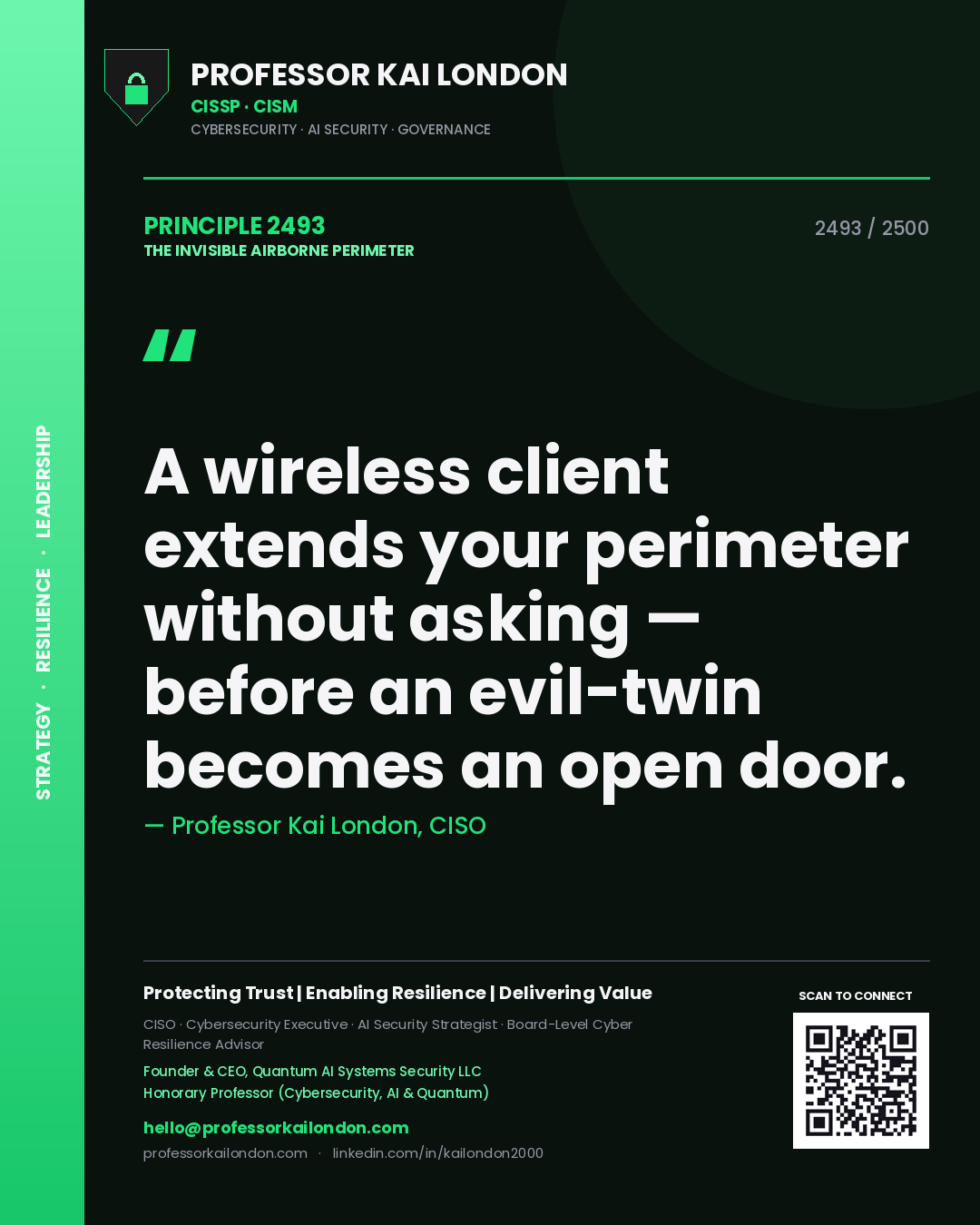 Quote card by Professor Kai London reading 'A wireless client extends your perimeter without asking — before an evil-twin becomes an open door.'. From the book The Invisible Airborne Perimeter.
