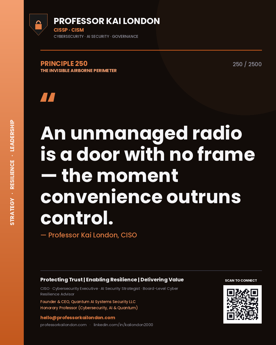Professor Kai London principle 250: An unmanaged radio is a door with no frame — the moment convenience outruns control.