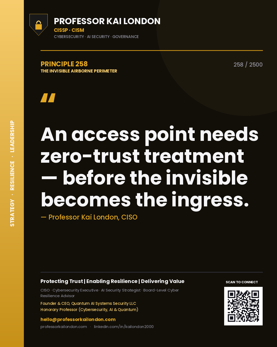Quote card by Professor Kai London reading 'An access point needs zero-trust treatment — before the invisible becomes the ingress.'. From the book The Invisible Airborne Perimeter.