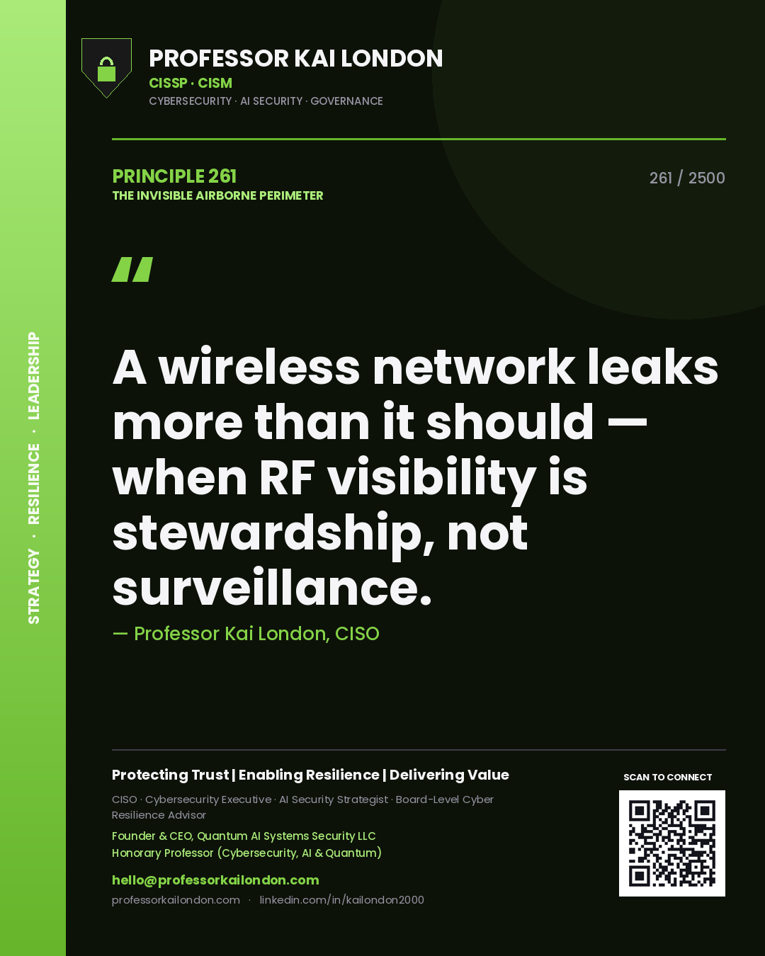 Quote card by Professor Kai London reading 'A wireless network leaks more than it should — when RF visibility is stewardship, not surveillance.'. From the book The Invisible Airborne Perimeter.