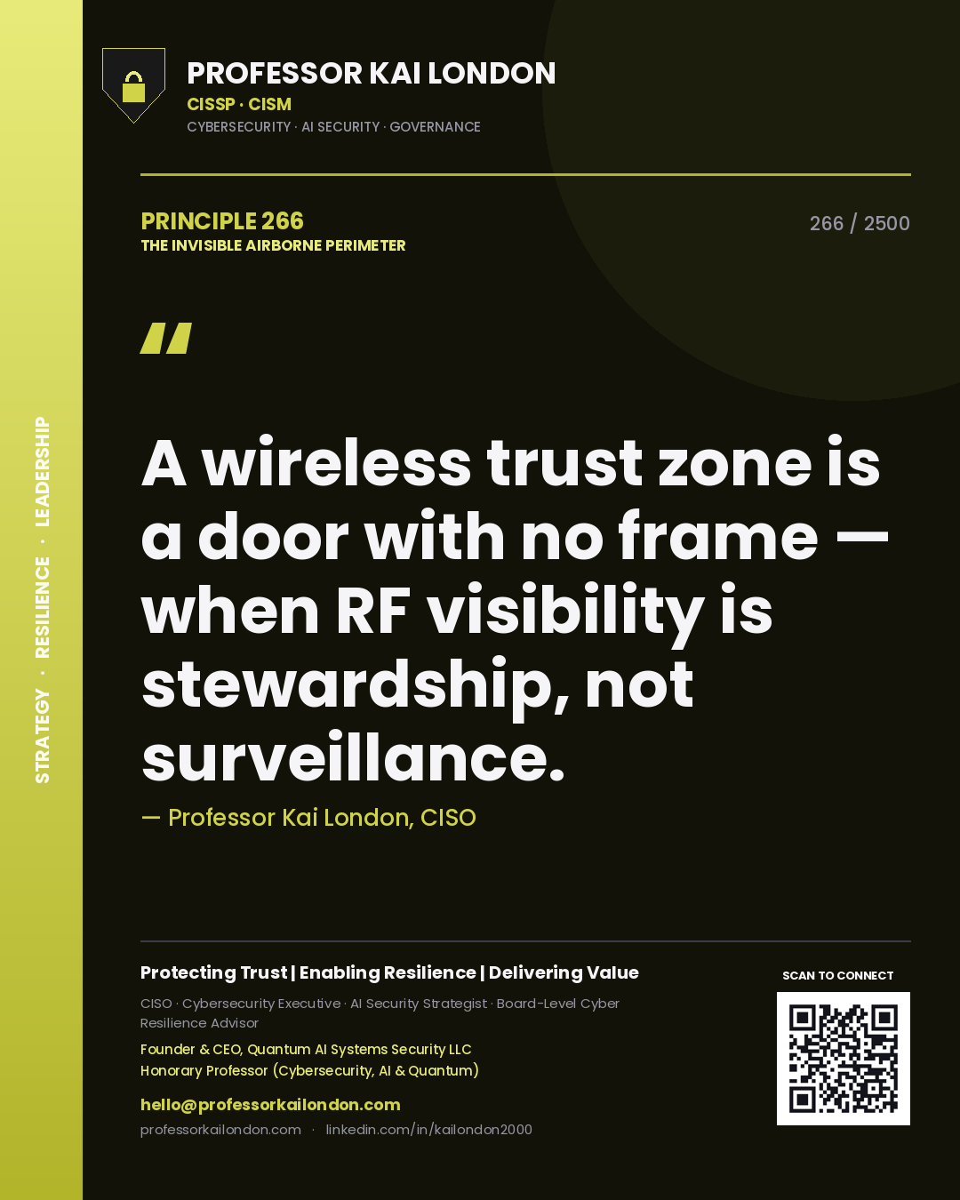 Quote card by Professor Kai London reading 'A wireless trust zone is a door with no frame — when RF visibility is stewardship, not surveillance.'. From the book The Invisible Airborne Perimeter.