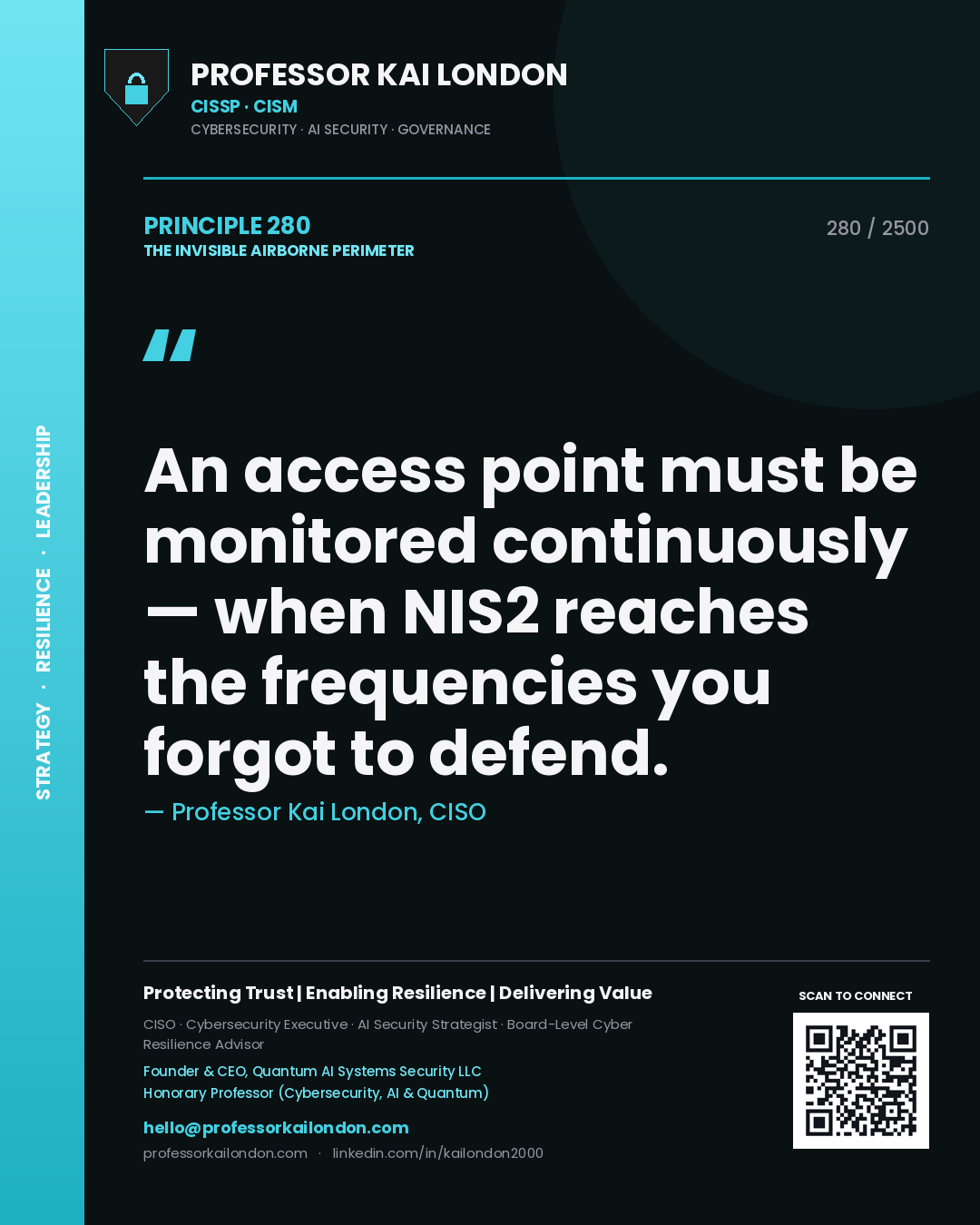 Quote card by Professor Kai London reading 'An access point must be monitored continuously — when NIS2 reaches the frequencies you forgot to defend.'. From the book The Invisible Airborne Perimeter.
