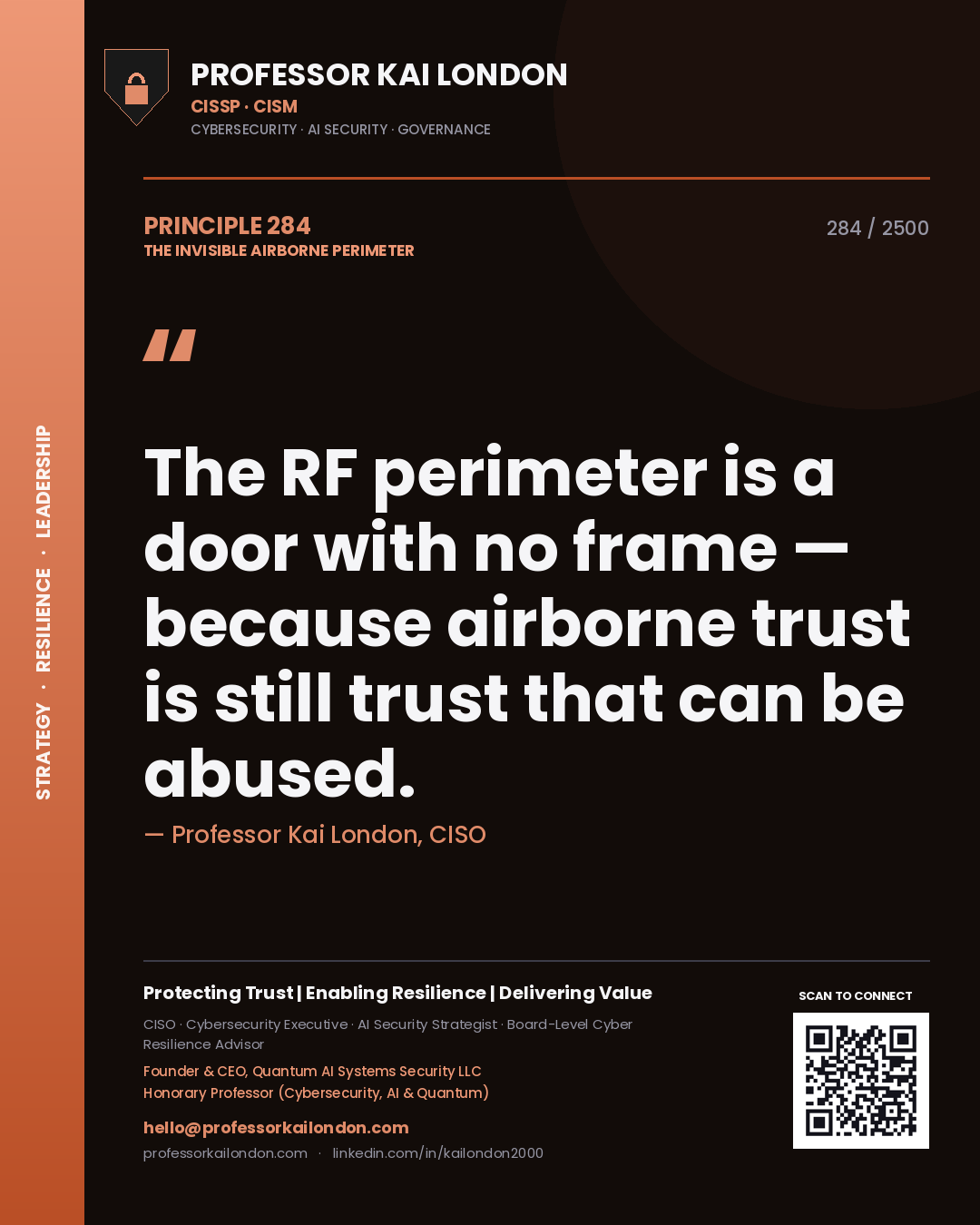 Professor Kai London principle 284: The RF perimeter is a door with no frame — because airborne trust is still trust that can be abused.