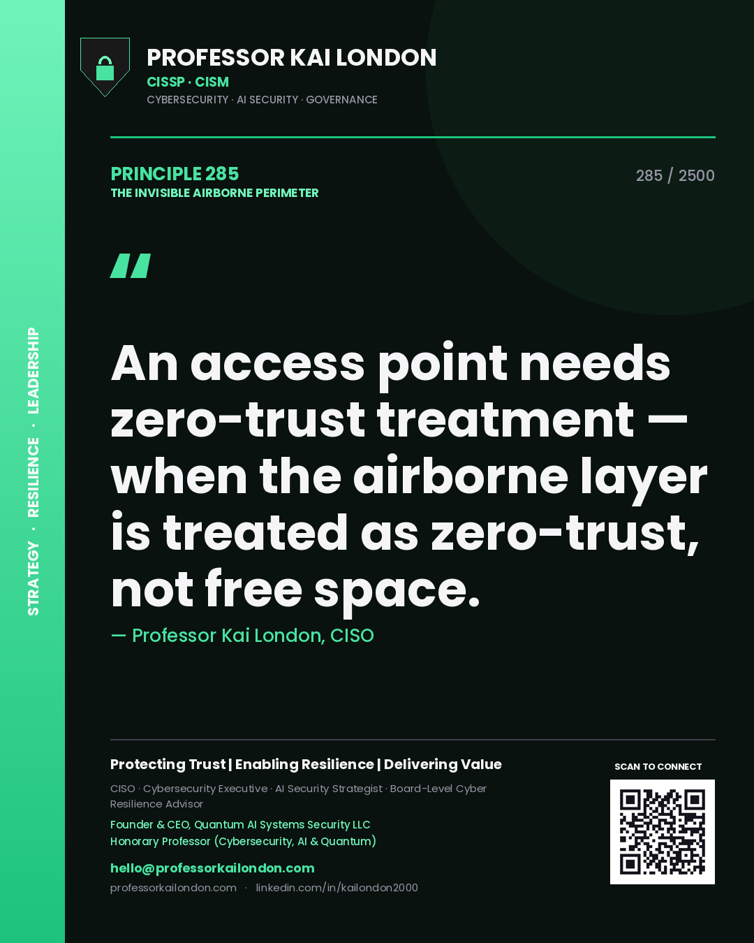 Professor Kai London principle 285: An access point needs zero-trust treatment — when the airborne layer is treated as zero-trust, not free space.