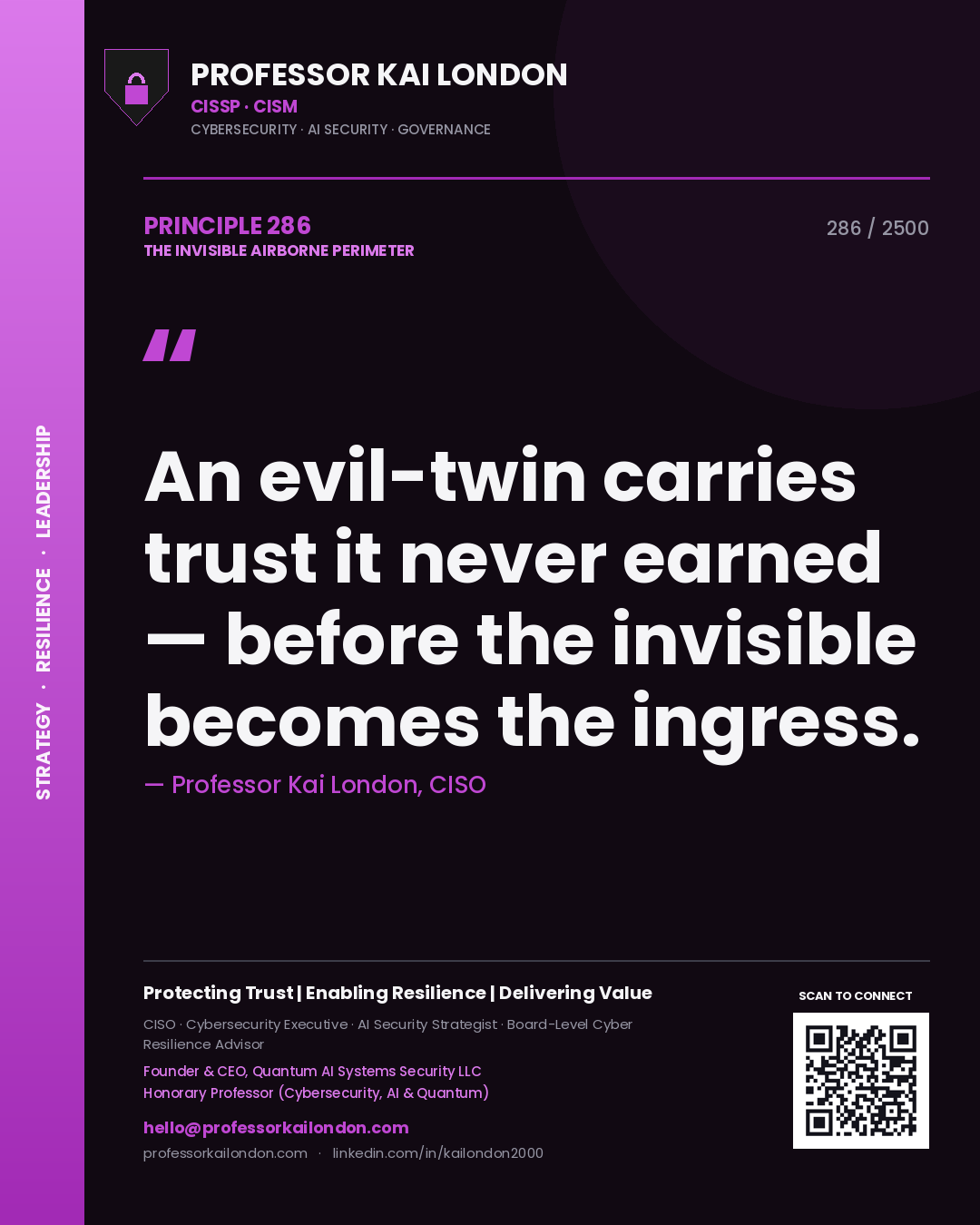 Quote card by Professor Kai London reading 'An evil-twin carries trust it never earned — before the invisible becomes the ingress.'. From the book The Invisible Airborne Perimeter.