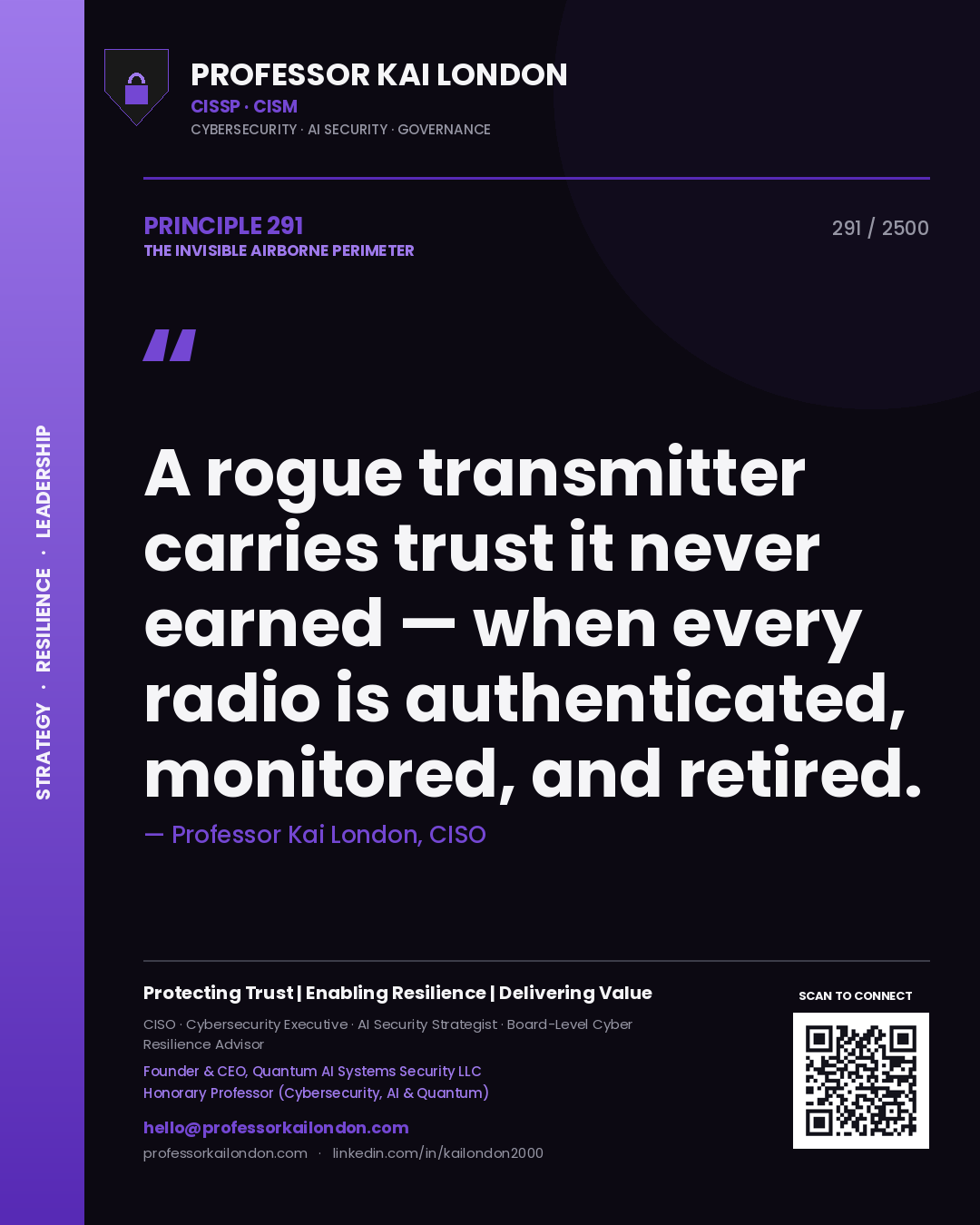 Quote card by Professor Kai London reading 'A rogue transmitter carries trust it never earned — when every radio is authenticated, monitored, and retired.'. From the book The Invisible Airborne Perimeter.