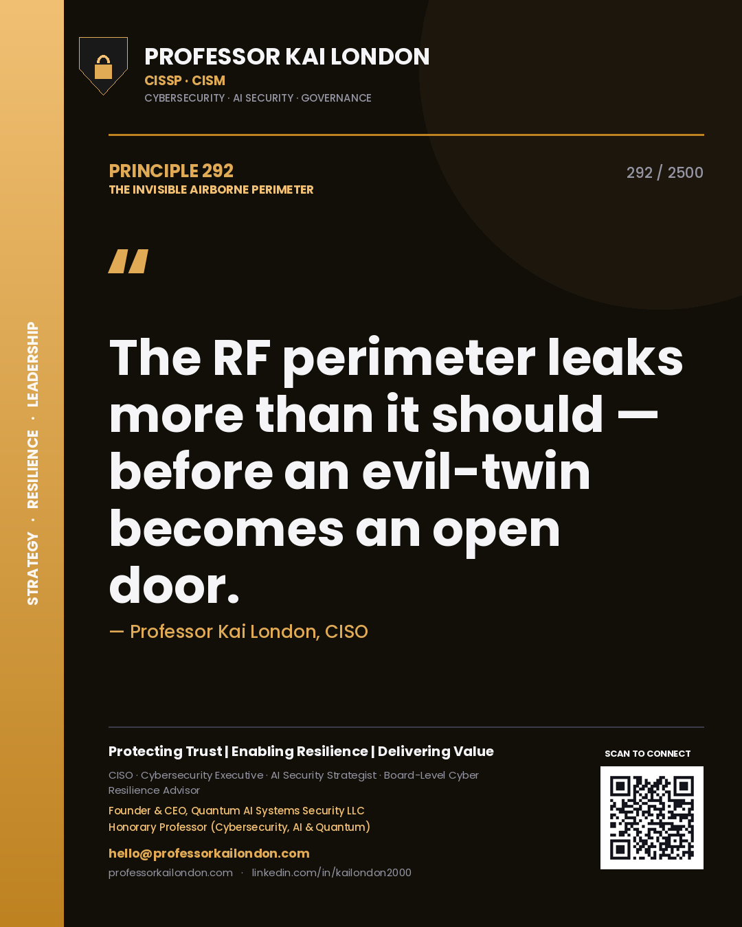 Professor Kai London principle 292: The RF perimeter leaks more than it should — before an evil-twin becomes an open door.