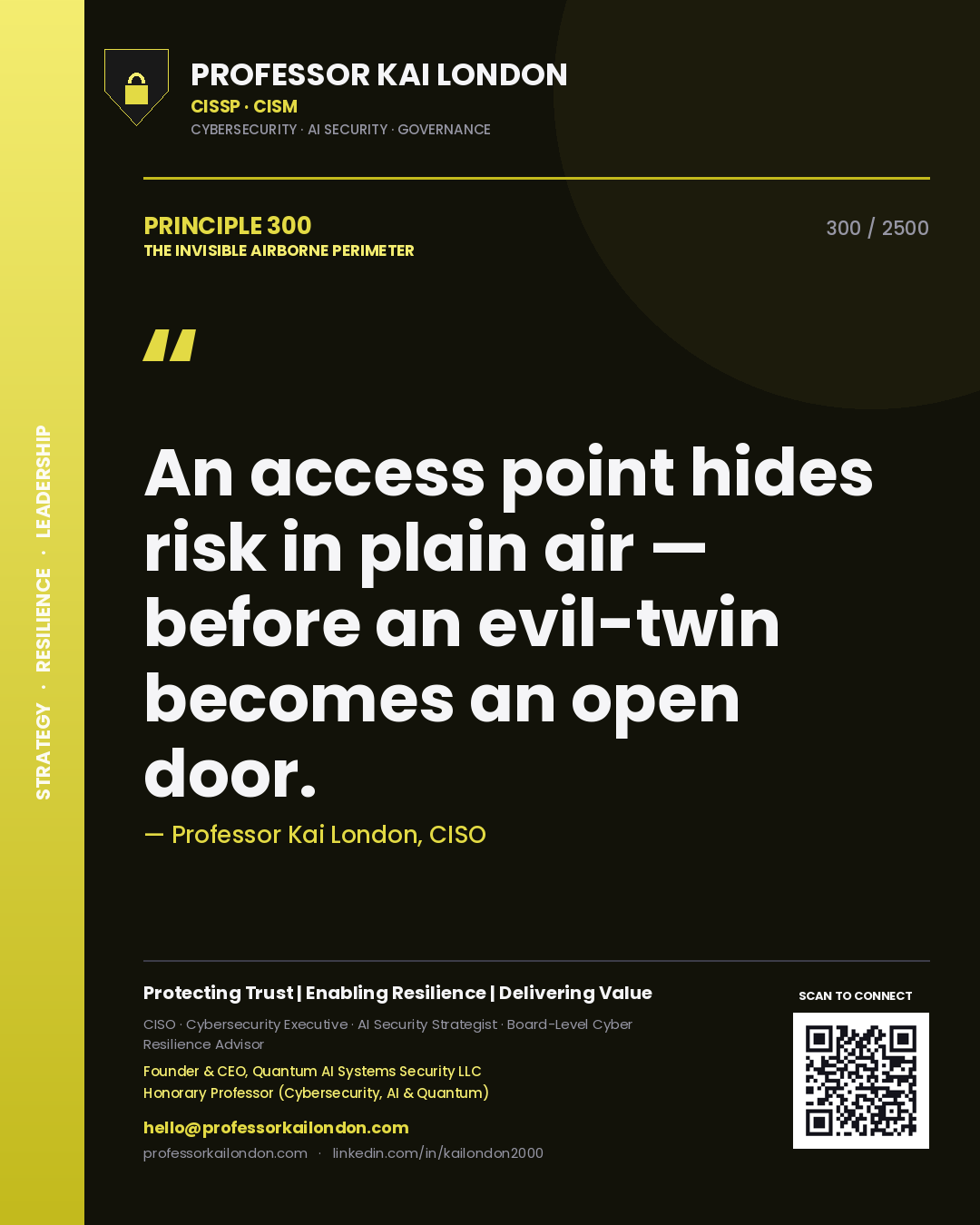 Quote card by Professor Kai London reading 'An access point hides risk in plain air — before an evil-twin becomes an open door.'. From the book The Invisible Airborne Perimeter.