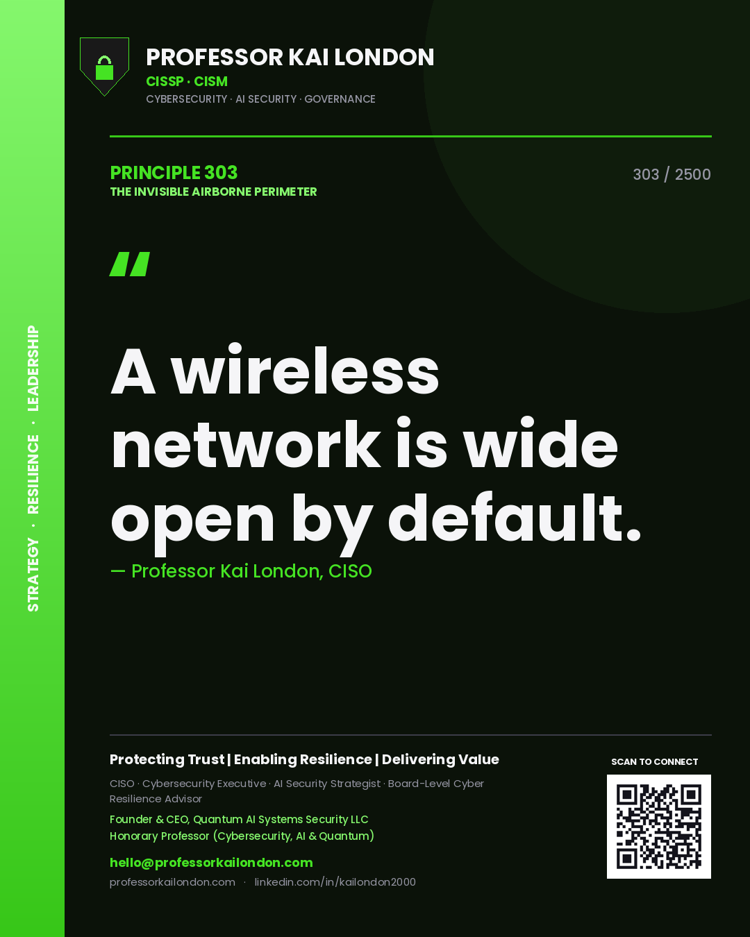 Quote card by Professor Kai London reading 'A wireless network is wide open by default.'. From the book The Invisible Airborne Perimeter.