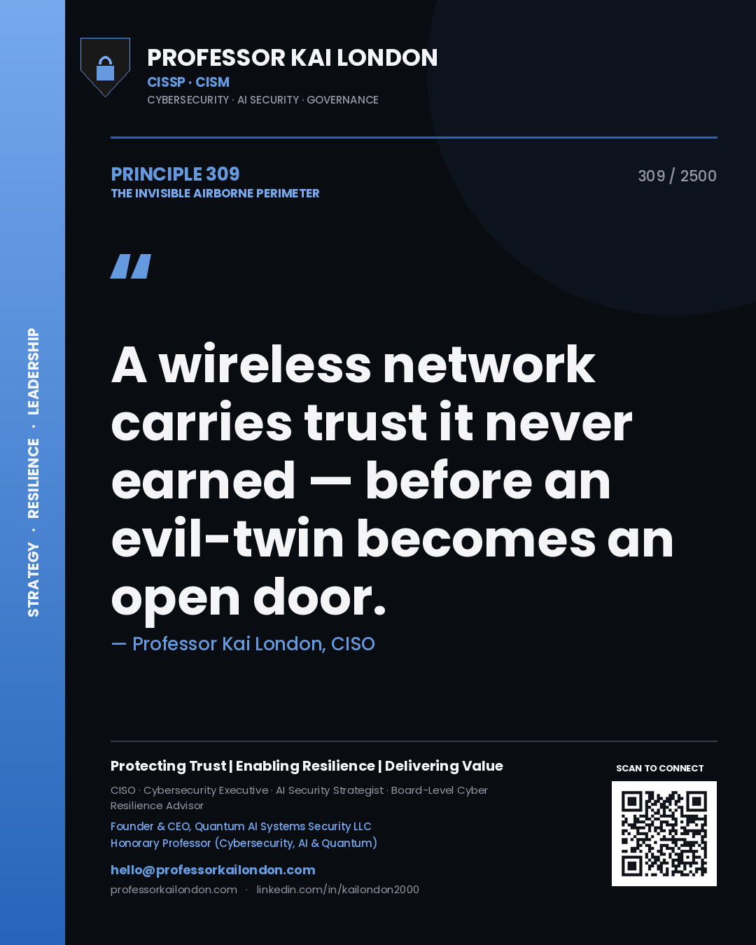Professor Kai London principle 309: A wireless network carries trust it never earned — before an evil-twin becomes an open door.