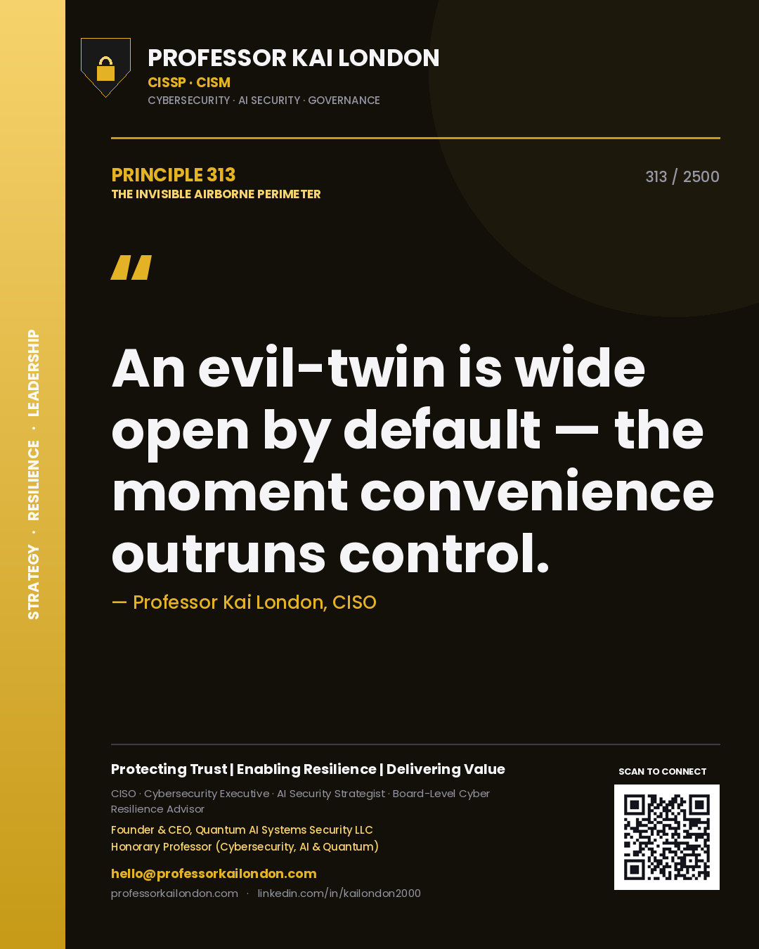 Quote card by Professor Kai London reading 'An evil-twin is wide open by default — the moment convenience outruns control.'. From the book The Invisible Airborne Perimeter.
