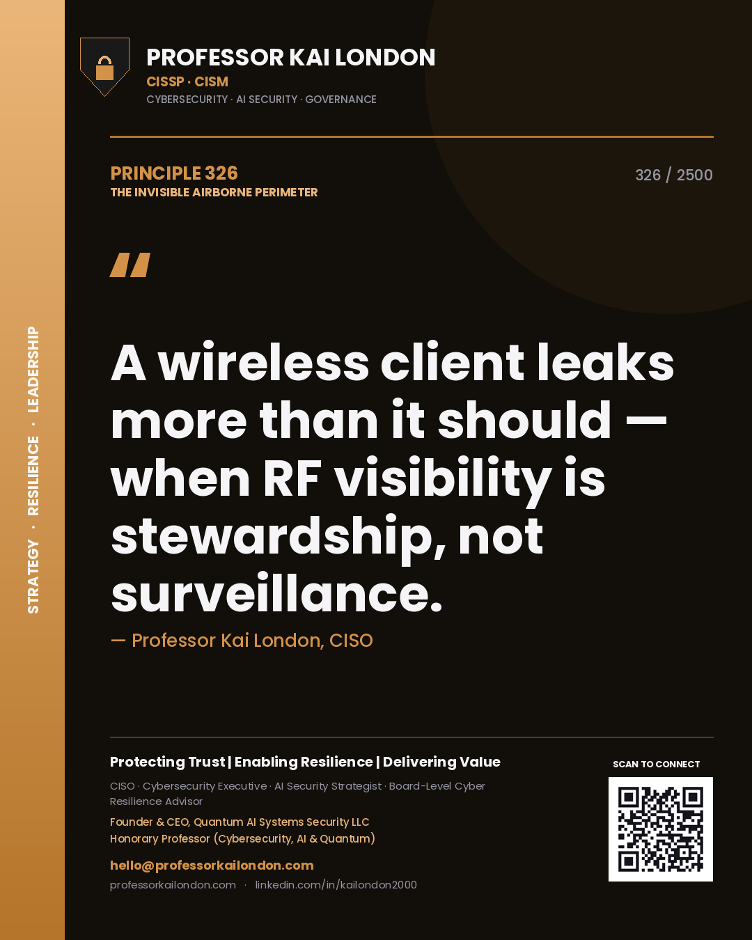 Quote card by Professor Kai London reading 'A wireless client leaks more than it should — when RF visibility is stewardship, not surveillance.'. From the book The Invisible Airborne Perimeter.