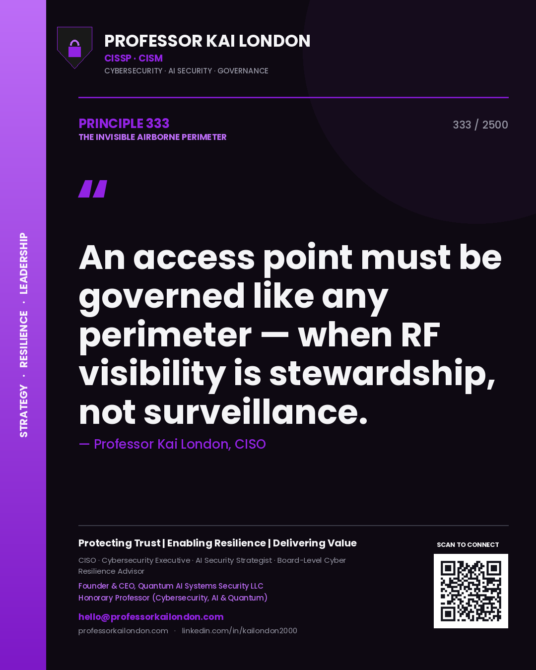 Quote card by Professor Kai London reading 'An access point must be governed like any perimeter — when RF visibility is stewardship, not surveillance.'. From the book The Invisible Airborne Perimeter.