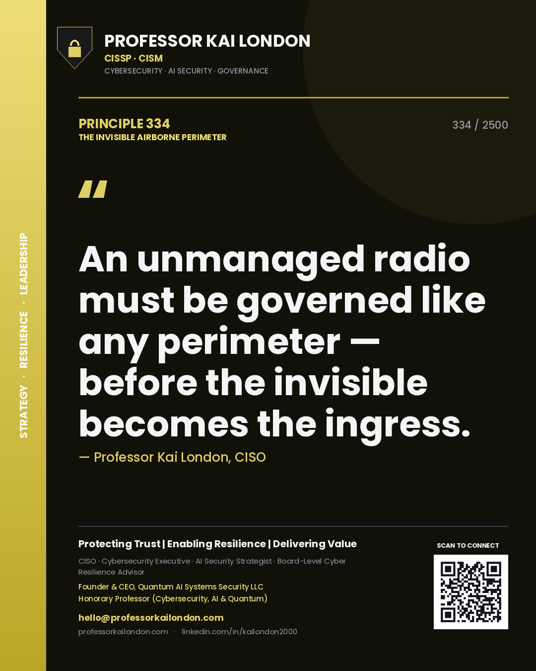 Professor Kai London principle 334: An unmanaged radio must be governed like any perimeter — before the invisible becomes the ingress.
