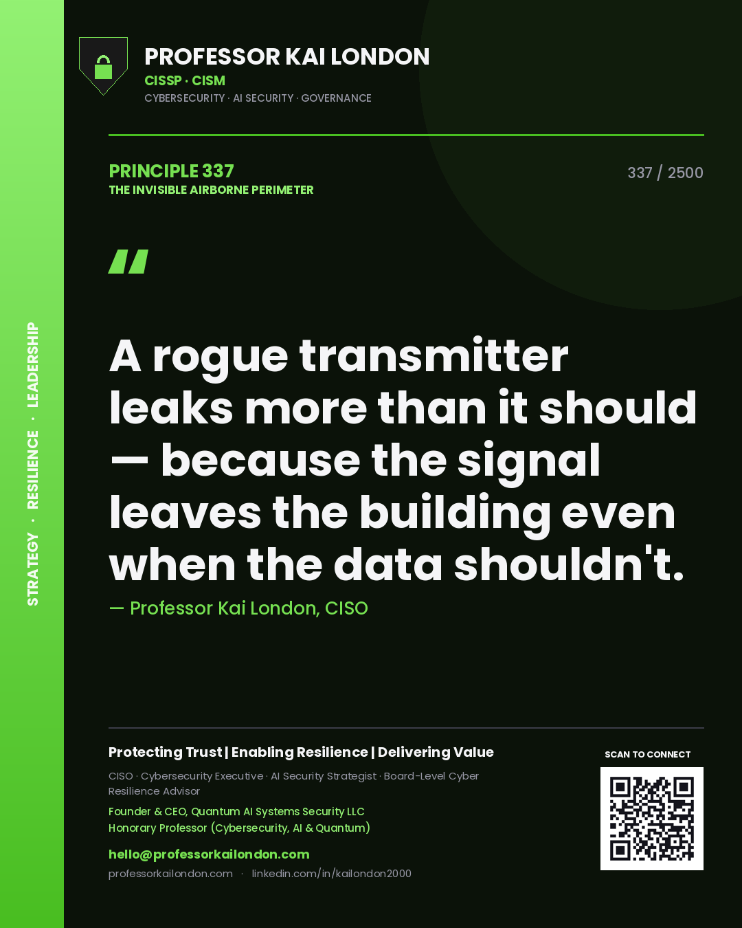 Quote card by Professor Kai London reading 'A rogue transmitter leaks more than it should — because the signal leaves the building even when the data shouldn't.'. From the book The Invisible Airborne Perimeter.
