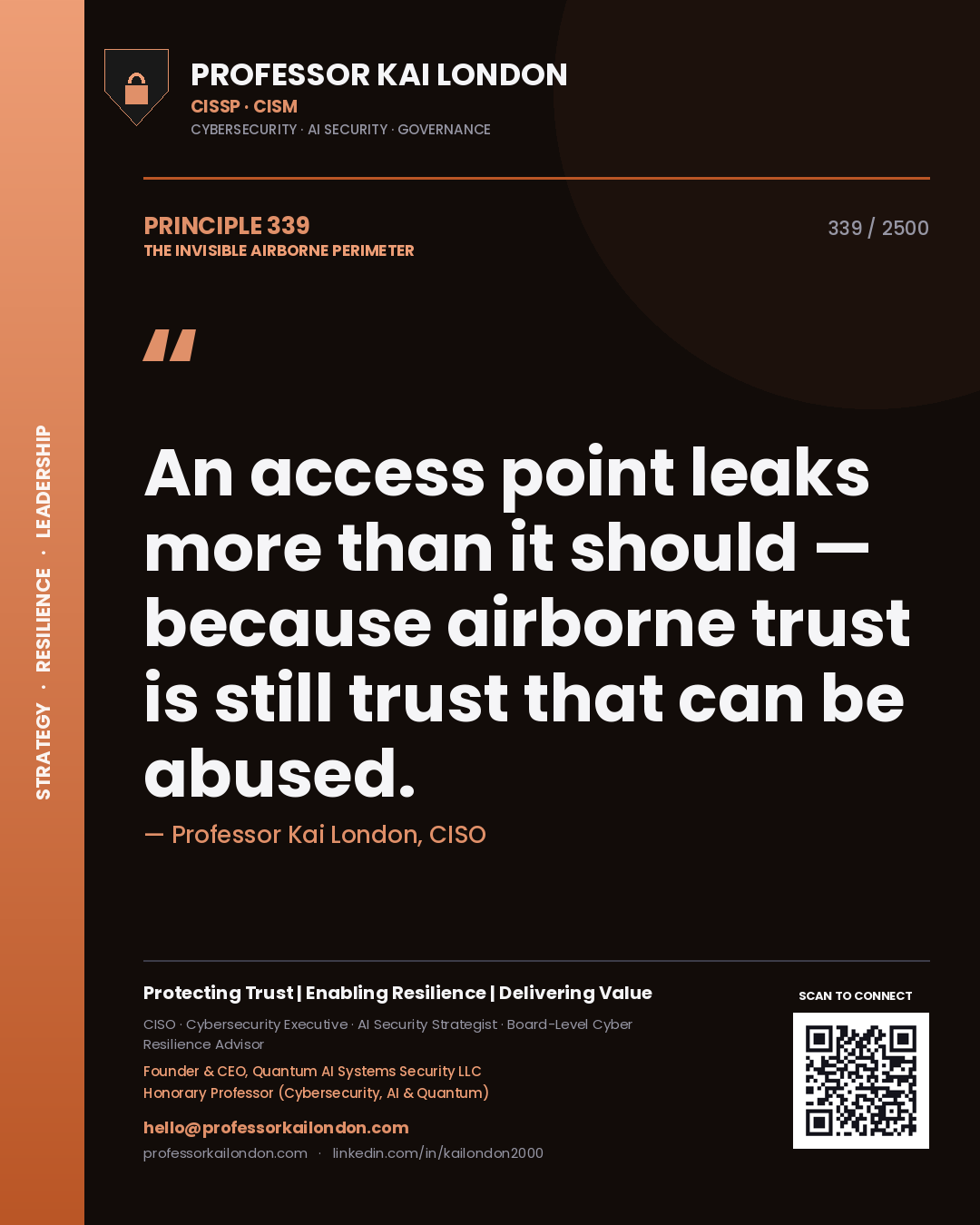 Quote card by Professor Kai London reading 'An access point leaks more than it should — because airborne trust is still trust that can be abused.'. From the book The Invisible Airborne Perimeter.