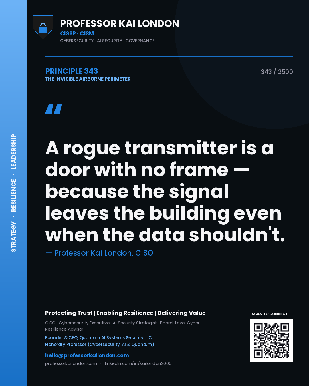 Professor Kai London principle 343: A rogue transmitter is a door with no frame — because the signal leaves the building even when the data shouldn't.