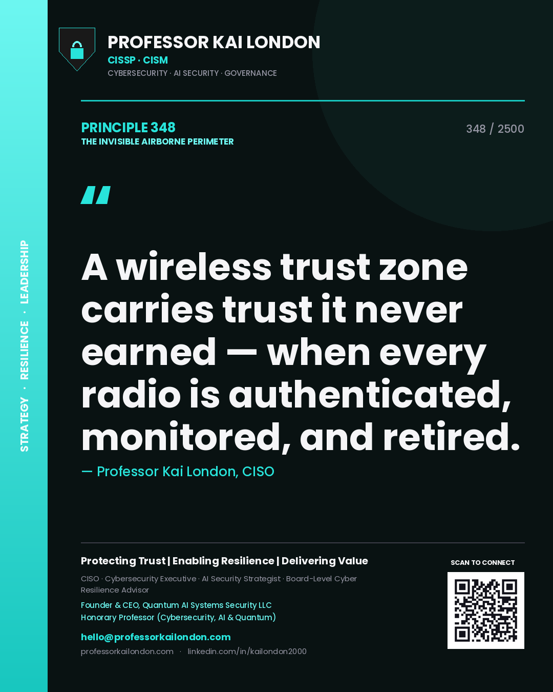 Quote card by Professor Kai London reading 'A wireless trust zone carries trust it never earned — when every radio is authenticated, monitored, and retired.'. From the book The Invisible Airborne Perimeter.